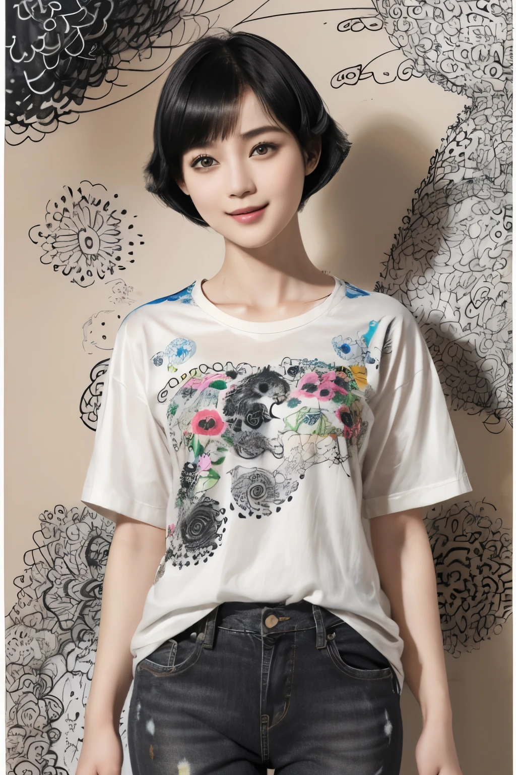 154
(Black Shorthair:1.46), (a 20 yo woman), (A hyper-realistic), (Masterpiece), (8KUHD), (gentle smile), Slender waist, Wearing jeans, ((Floral Clothing - T-Shirts)), Wearing long pants, abstract painting, (doodle:1.46), (brest:1.46), (口紅)