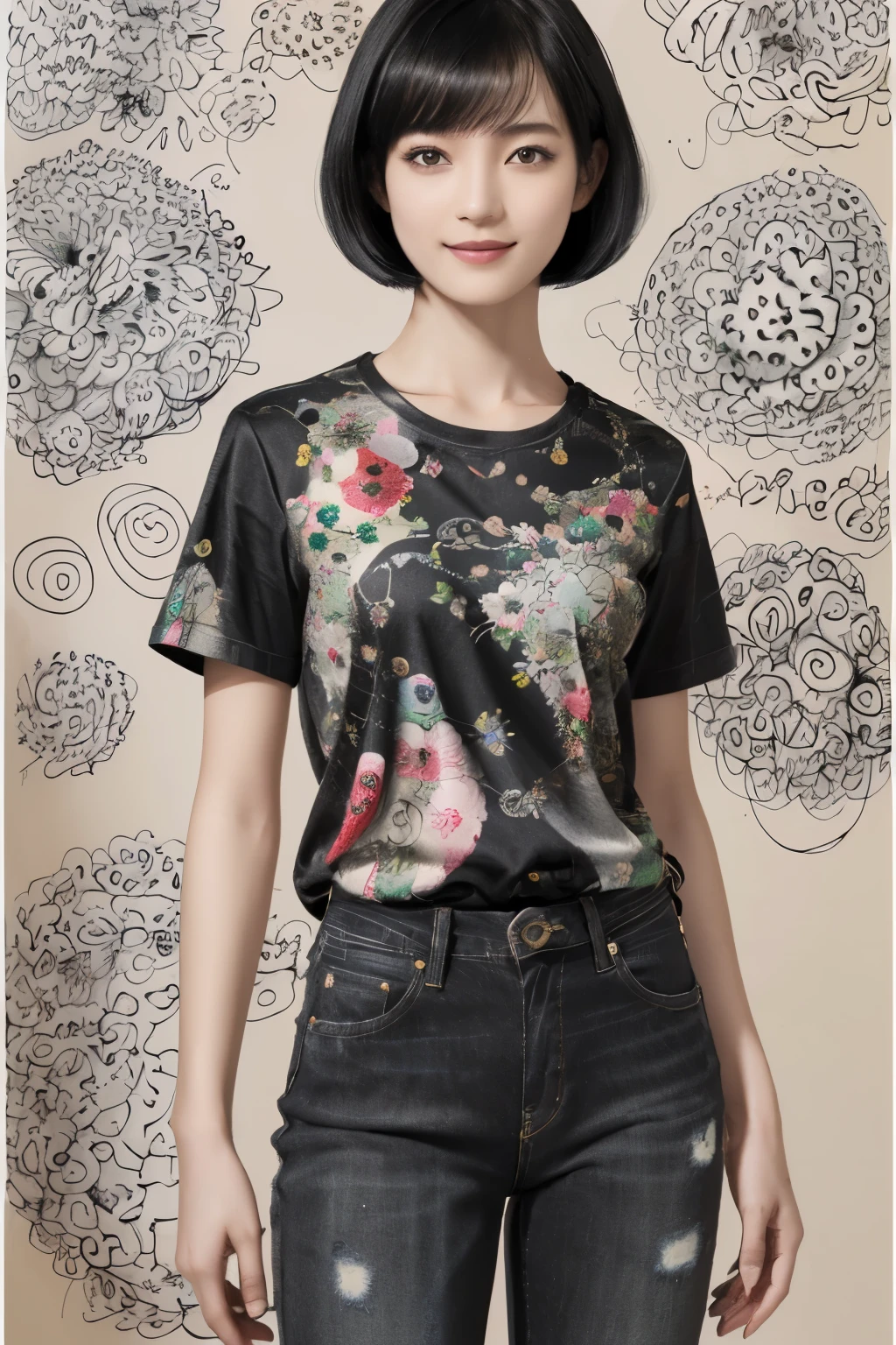 154
(Black Shorthair:1.46),  (a 20 yo woman), (A hyper-realistic), (Masterpiece), (8KUHD), (gentle smile), Slender waist, Wearing jeans, ((Floral Clothing - T-Shirts)), Wearing long pants, abstract painting, (doodle:1.46), (brest:1.46), (口紅)
