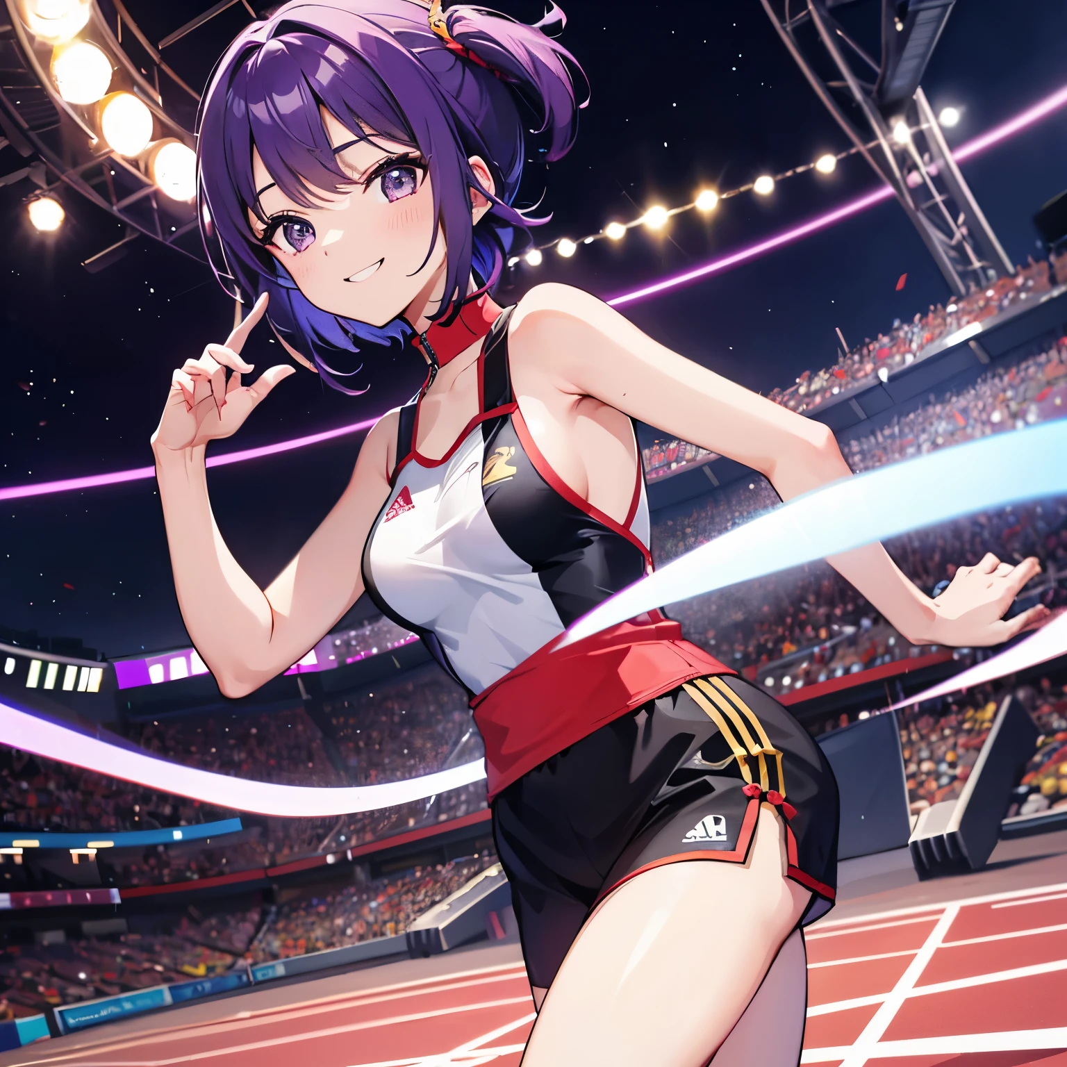 (T Masterpiece，4k wallpaper，best quality))、((girl１people))、(solo)、Brilliant，(purple hair)、(shortcut:1.3)、smile、stadium、running