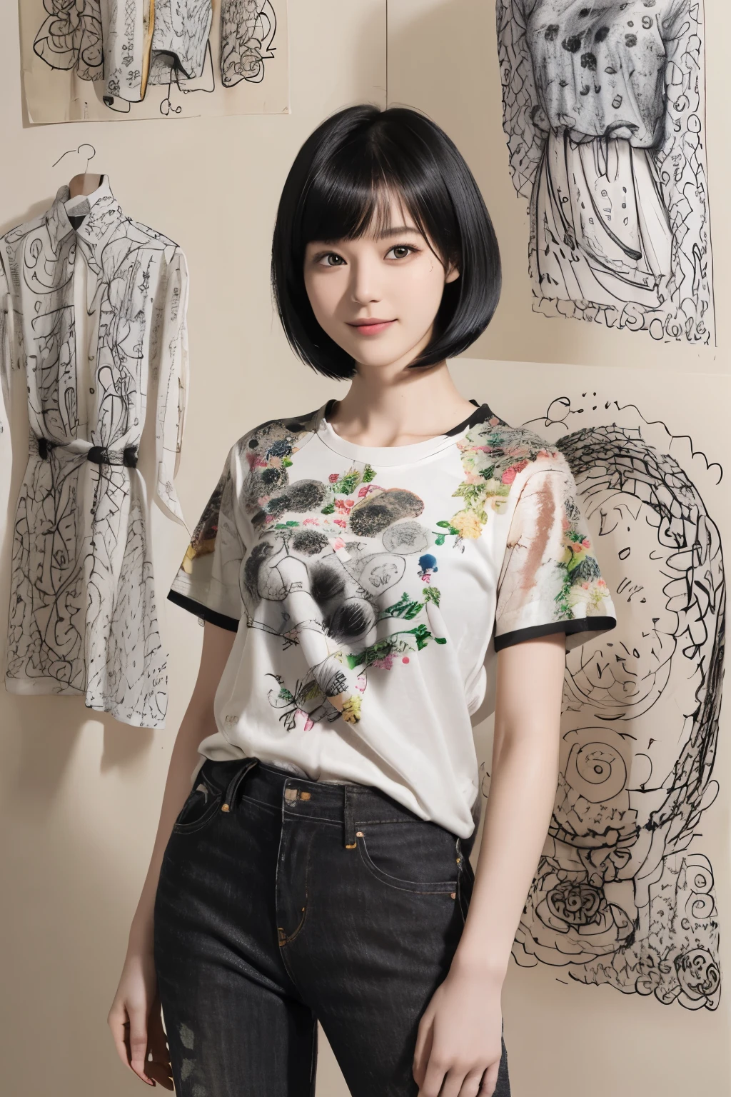 154
(Black Shorthair:1.46),  (a 20 yo woman), (A hyper-realistic), (Masterpiece), (8KUHD), (gentle smile), Slender waist, Wearing jeans, ((Floral Clothing - T-Shirts)), Wearing long pants, abstract painting, (doodle:1.46), (brest:1.46), (口紅)
