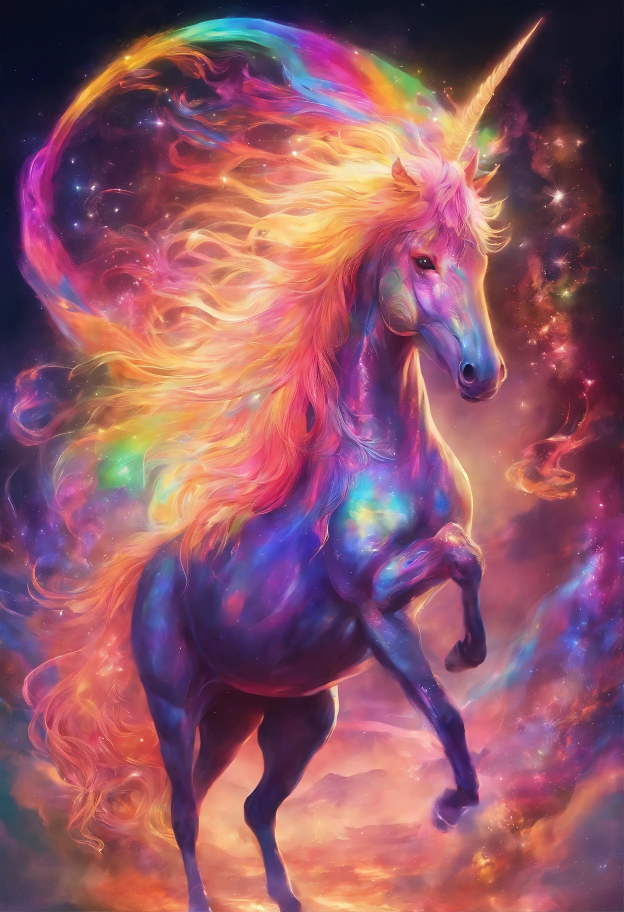 fantasy rainbow unicorn，Facial close-up enhancement，Ambilight，The colors are bright and bright，black background，mist，Meticulous portrayal，Rich details，imagination explosion，hyper-realistic，Super realistic，masterpiece，8k，light，Tyndall effect