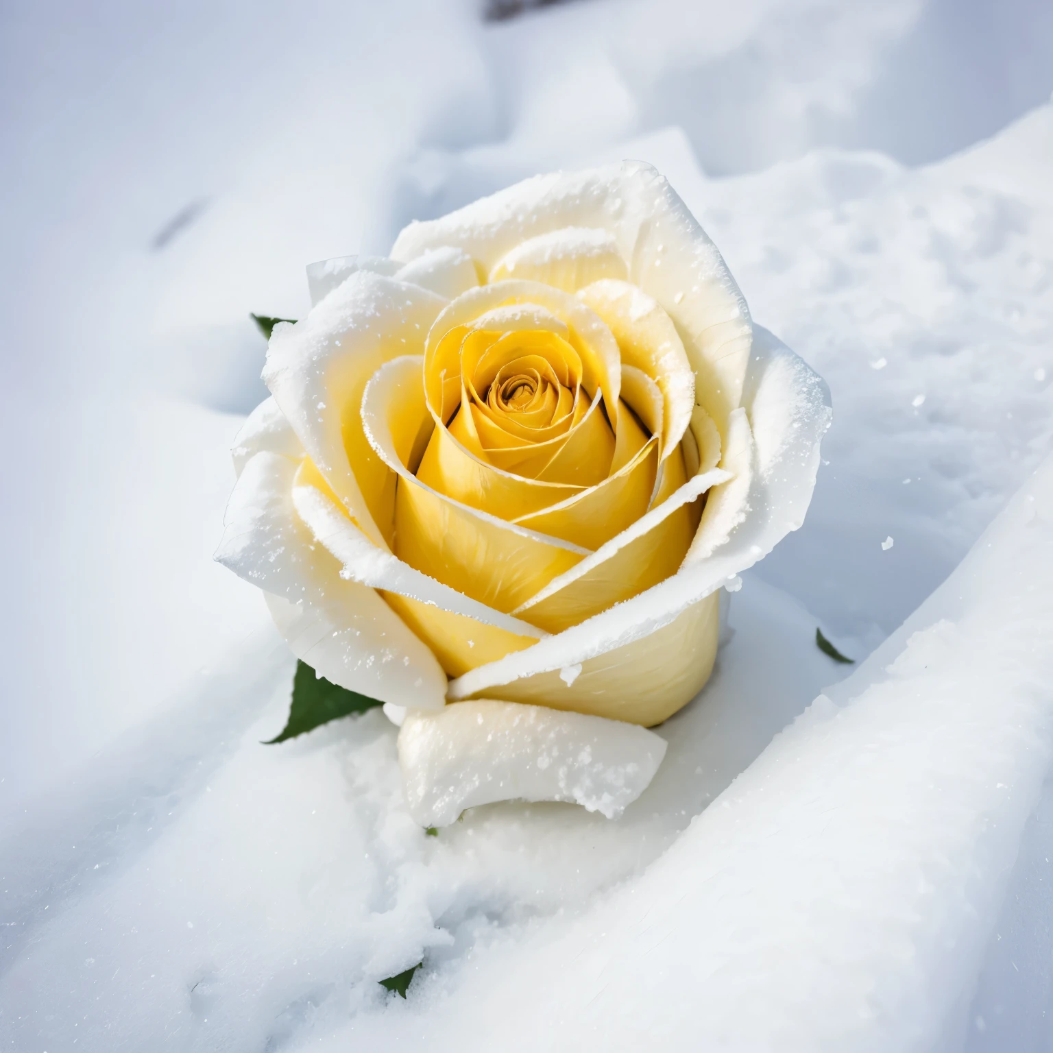 Yellow rose flower wrapped in ice in the snow