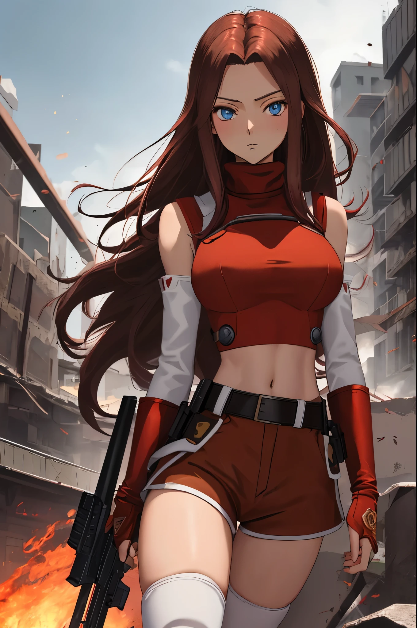 masterpiece, best quality, highly detailed, highres, hdr,
code geass, 1girl, solo, kallen stadtfeld,holding weapon, gun, holding gun, 
bare shoulders, midriff, (((brown sleeveless turtleneck))), red thighhighs, (((brown shorts))), red shirt, ((white detached sleeves)), clothing cutout, zettai ryouiki, white belt, red legwear,
blue eyes, large breasts, black hair, long hair,
cowboy shot, intense angle,
mksks style, beautiful background, detailed background, professional lightning, post-apocalypse, buildings, burning, fire, light particles,