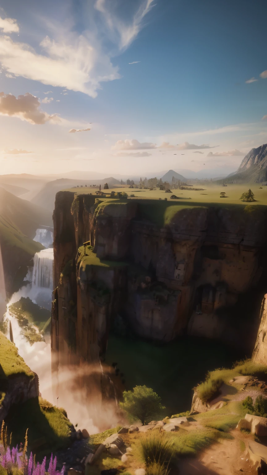 Ultra-realistic 8K CG, masterpiece, best quality, a mountain with a waterfall in the middle of it, a matte painting, by jessica rossier, fantasy art, shaft of light, beautiful iphone wallpaper, opening door, rendered in lumion pro, with a creepy secret temple, volumetric lighting pinterest, ai assisted digital painting, heavens.