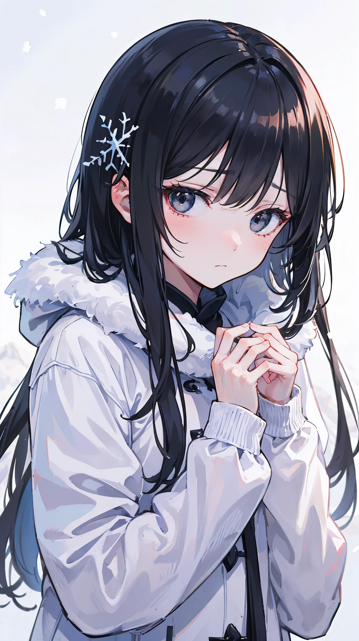 {best quality},{highly detailed},{ultra-detailed},masterpiece,China，1girl,solo,Black hair and black eyes，White clothes，((((cold expression)))),snow山，snow，大snow纷飞