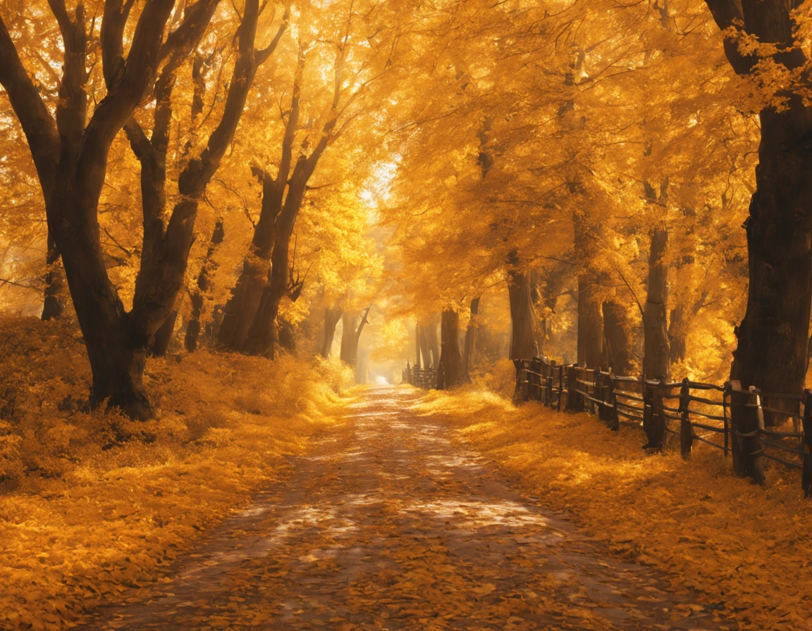 A wild road covered with golden fallen leaves, the leaves are falling, reminding us of the end of autumn, bright sunlight, beauty that makes you want to roll around, 8K image.