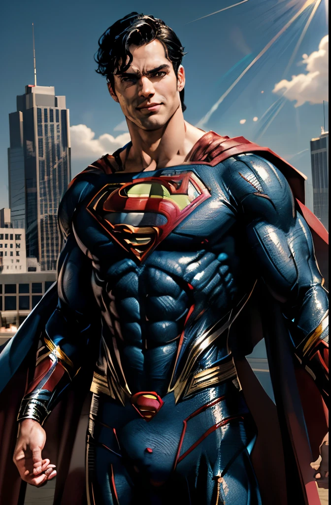 1boy, superman, grin, grinning, abs, bara, black hair, blue bodysuit, blue eyes, bodysuit, full length cape, closed mouth, heroic, large pectorals, male focus, muscular, muscular male, pectoral lift, pectorals, red cape, short hair, outdoors, skyscrapers, solo, superhero, upper body , ((masterpiece)), super hero pose