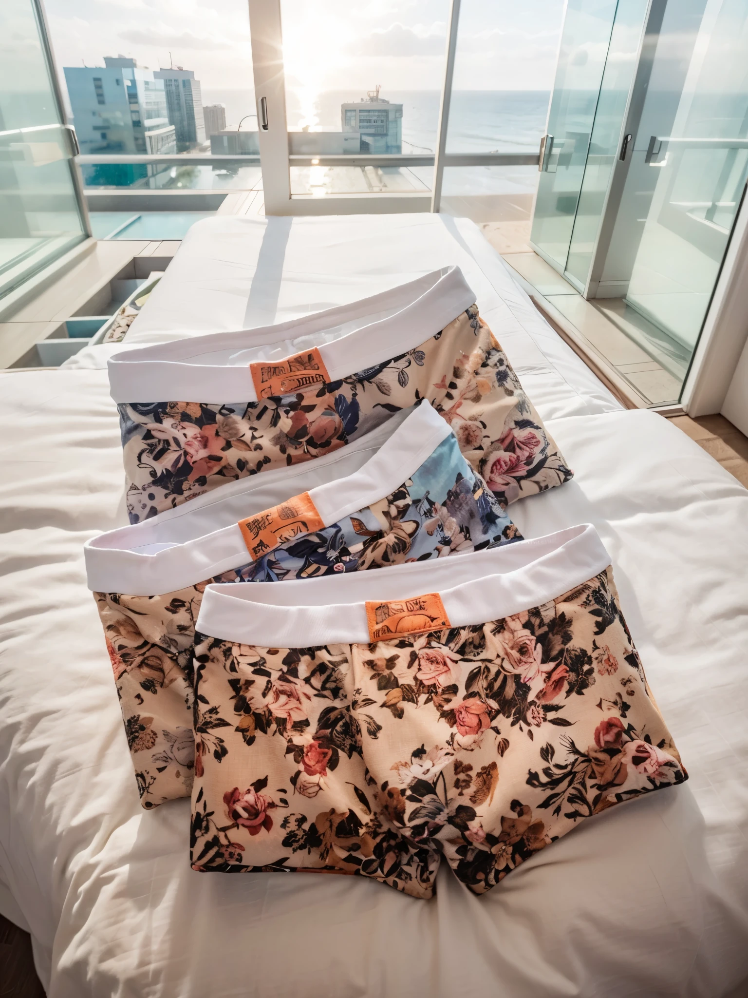 3 pairs of boxers,Place on the ground ( Hotel floor-to-ceiling windows, City:0.7, seaside:1.2) ,Tile,top view,background bokeh