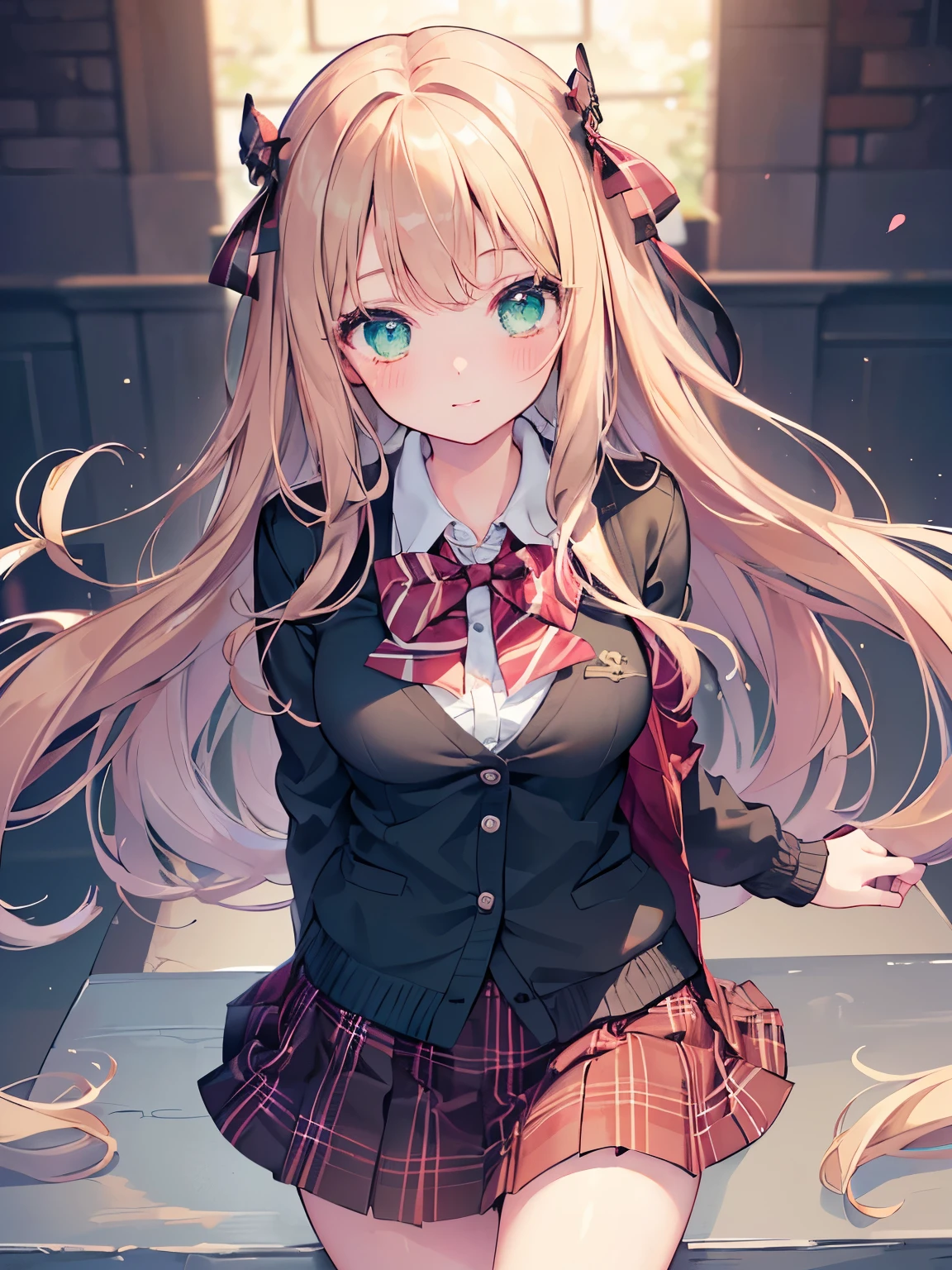 ((masutepiece, Best Quality, hight resolution, nffsw, Perfect Pixel, depth of fields, 4K, nffsw, nffsw))), 1girl in, Single, Solo, Beautiful anime girl, Beautiful Art Style, Anime Character, ((Long hair, Bangs, dark brown hair, Curly hair:0.8)), ((Green eyes:1.4, Detailed eyes, Beautiful eyes, Perfect eyes,Curly eyelashes, Realistic eyes)), ((Detailed face, Blushing:1.2)), ((Smooth texture:0.75, Realistic texture:0.5, Anime CG style)), medium breasts, Dynamic Angle, busty, Perfect body, Dynamic Pose, ((red bowtie, School uniform, Black jacket, Open jacket, Brown cardigan, White shirt, Black skirt, plaid skirts)), Smile, Open mouth, arms behind back, Leaning forward, Amulment Park, ((close up, POV, Cute, Shoot in the face))