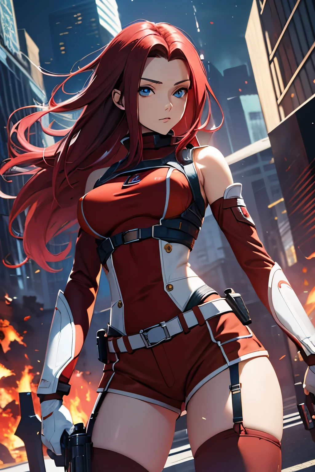 masterpiece, best quality, highly detailed, highres, hdr,
code geass, 1girl, solo, kallen stadtfeld,holding weapon, gun, holding gun, 
bare shoulders, midriff, (((brown sleeveless turtleneck))), red thighhighs, (((brown shorts))), red shirt, ((white detached sleeves)), clothing cutout, zettai ryouiki, white belt, red legwear,
blue eyes, large breasts, black hair, long hair,
cowboy shot, intense angle,
mksks style, beautiful background, detailed background, professional lightning, post-apocalypse, buildings, burning, fire, light particles,