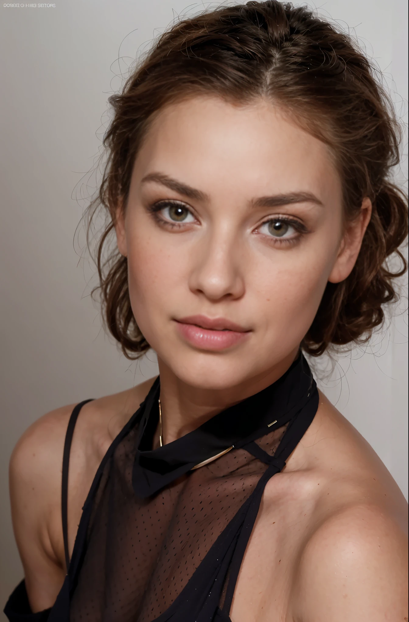 A detailed portrait of a young woman exuding elegance and natural grace. She has a voluminous updo hairstyle with wisps of hair tenderly framing her face. Her hazel eyes are accentuated by tasteful makeup, with a few light freckles across her nose and cheeks. She wears a high-necked black top, suggesting a blend of casual refinement. The lighting should illuminate her face against a subdued background, emphasizing her calm and confident expression. High Fashion, dynamic, dramatic, elegant, High fashion Vogue cover Dramatic photography, supermodel, avant garde style