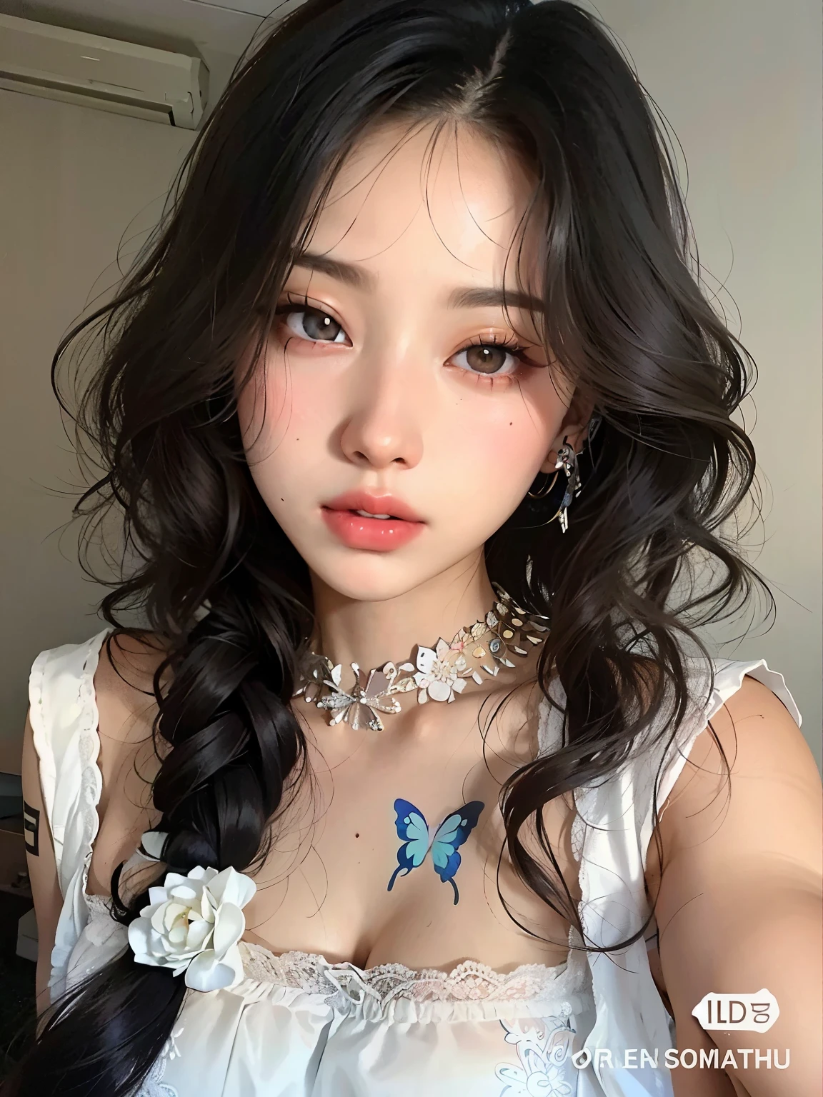 a close up of a young woman with a butterfly tattoo on her chest, ulzzang, aesthetic cute with flutter, pale porcelain white skin, popular south korean makeup, jinyoung shin, popular korean makeup, pale milky white porcelain skin, beautiful young korean woman, young adorable korean face, gorgeous young korean woman, beautiful south korean woman, korean girl, porcelain white skin