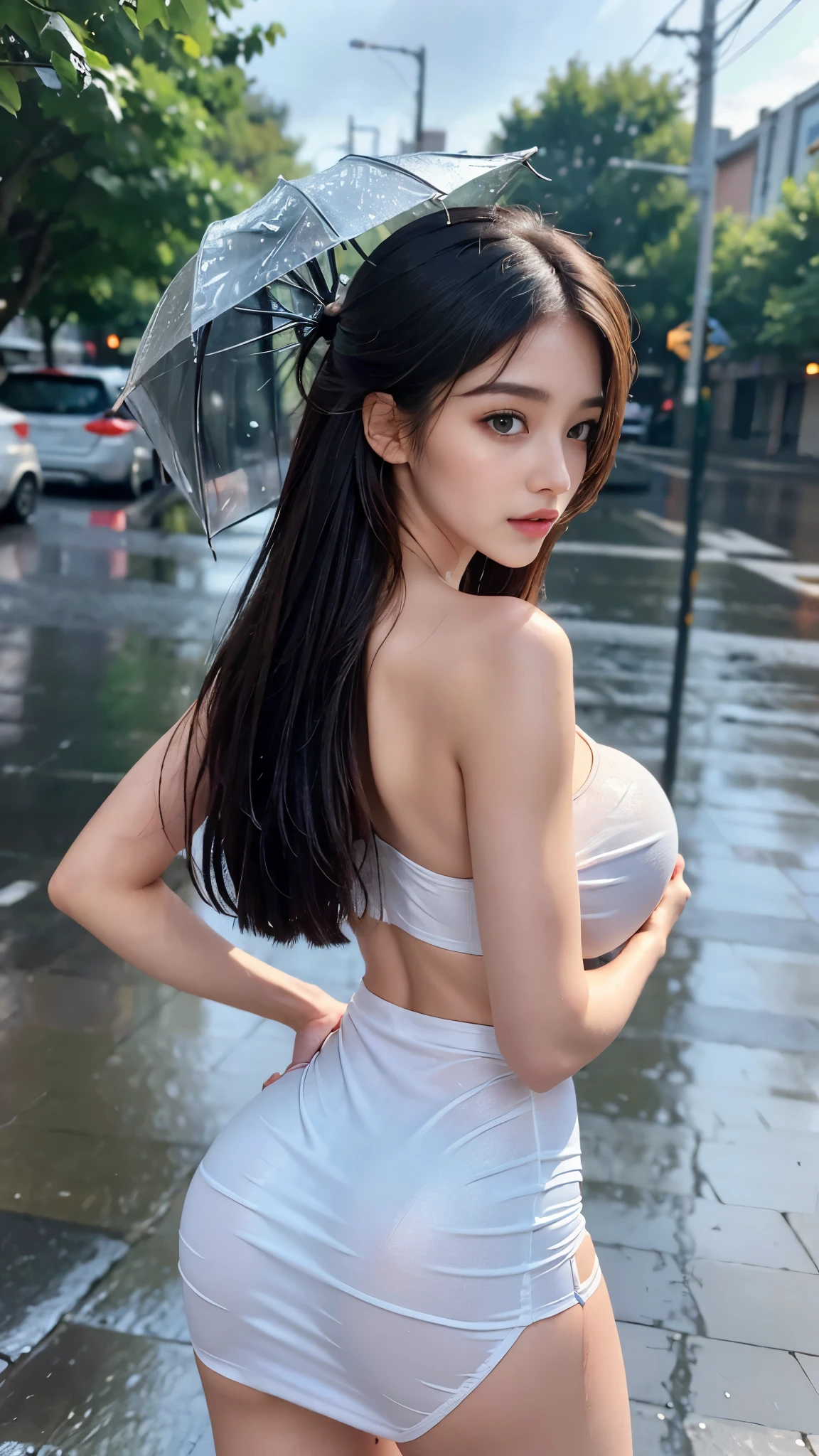 ((best quality, 8k, masterpiece:1.3)), focus: 1.2, perfect body beautiful: 1.4, buttocks: 1.2, ((layered hairstyle, breast: 1.2)), (wet clothes: 1.1) , (rain, street:1.3), tube top dress: 1.1, Highly detailed facial and skin textures, exquisite eyes, double eyelids, skin whitening, long hair