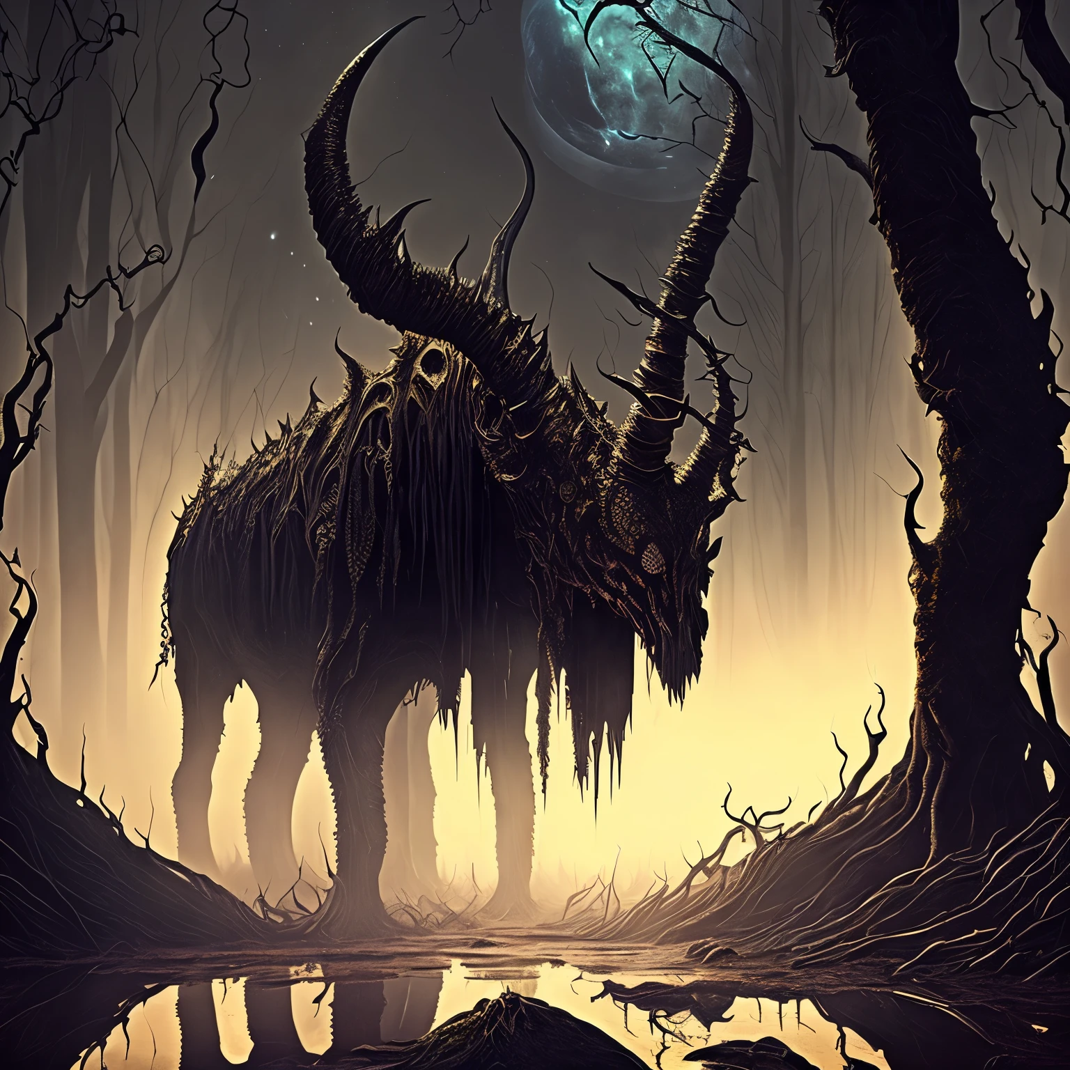 (best quality,ultra-detailed,realistic:1.37),(dark,ominous) eldritch horror,(scary,terrifying) creature crawling,(many:1.1) tentacles,(many:1.1) insect eyes,(eerie atmosphere),(moonlit) forest,(mysterious) swamp,(sinister) ambiance, (moonlight) reflections,(ominous shadows),(sinuous movements),(grotesque) appearance,(unique) unicorn horn,(golden) protruding from head,(mystical) creature emerging, (foreboding) environment, (eerie soundscape), (nightmarish) aura, (unearthly) presence, (unsettling) atmosphere