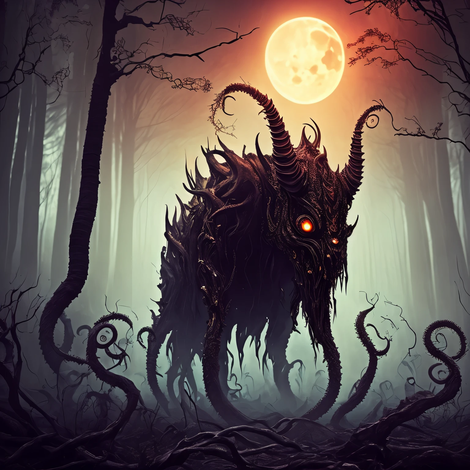 (best quality,ultra-detailed,realistic:1.37),(dark,ominous) eldritch horror,(scary,terrifying) creature crawling,(many:1.1) tentacles,(many:1.1) insect eyes,(eerie atmosphere),(moonlit) forest,(mysterious) swamp,(sinister) ambiance, (moonlight) reflections,(ominous shadows),(sinuous movements),(grotesque) appearance,(unique) unicorn horn,(golden) protruding from head,(mystical) creature emerging, (foreboding) environment, (eerie soundscape), (nightmarish) aura, (unearthly) presence, (unsettling) atmosphere