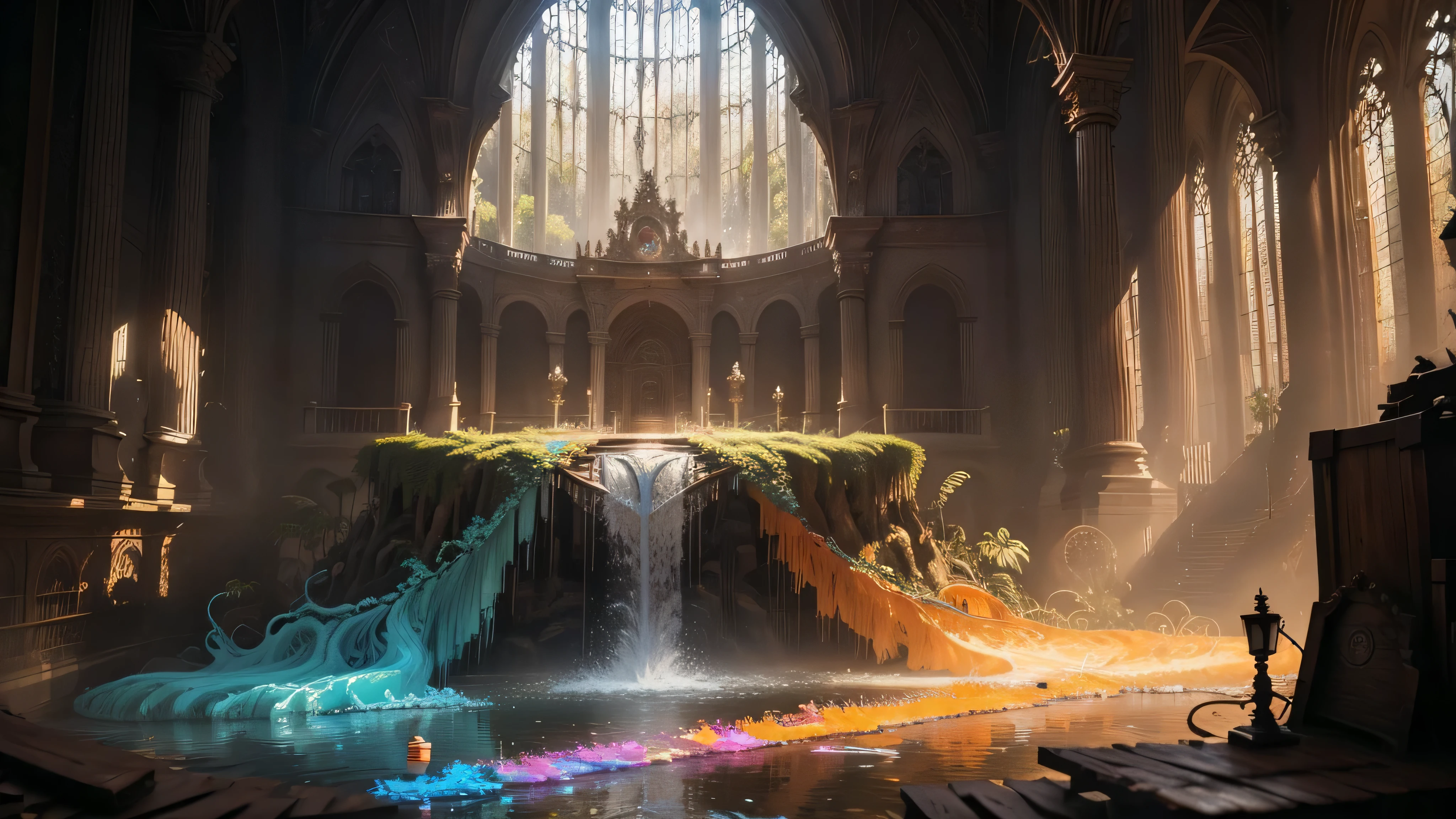 Gigantic colorful trees with many vines, Palmeiras, Coqueiro, fallen logs, a watermill with a waterwheel, moinho de vento, uma cachoeira exuberante, rio com grandes pedras hiper-realistas, sky with clouds, sol, Lua, global illumination, profundidade de campo, Efeito vidro quebrado, sem fundo, splendid, algo que nem existe, Being mythical, energia, molecular, Texturas, iridescente e luminescente, breathtaking beauty, pure perfection, Divine Presence, unforgettable, Impressionante, breathtaking beauty, volumetric light, auras, raios, cores vivas refletemlight, auras, raios, cores vivas refletem, aquarela, oil color, trends on artstation, sharp focus, studio photo, detalhes intrincados, altamente detalhado,