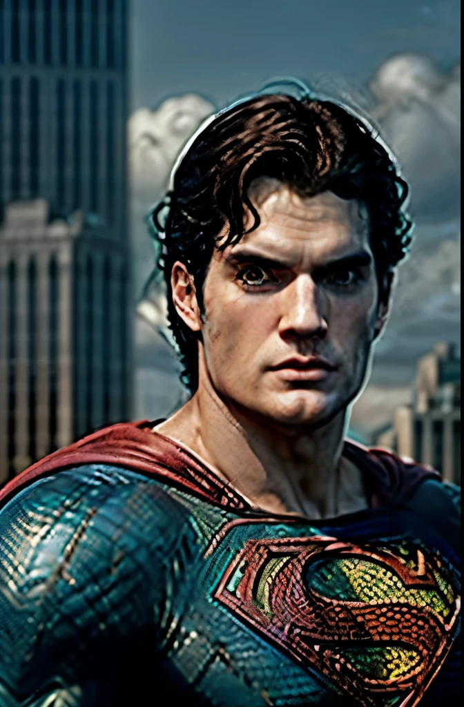 (masterpiece:1.2), (best quality:1.2), perfect eyes, perfect face, (((Christopher Reeves and Henry Cavill))), volumetric lighting, 1boy, superman, grin, grinning, abs, bara, black hair, blue bodysuit, blue eyes, bodysuit, full length cape, closed mouth, heroic, large pectorals, male focus, muscular, muscular male, pectoral lift, pectorals, red cape, short hair, outdoors, skyscrapers, solo, superhero, upper body , ((masterpiece)), superhero pose, best quality, (photorealistic:1.4), high resolution, detailed, raw photo, photo realistic, (high detailed skin:1.2), 8k uhd, dslr, soft lighting, high quality, film grain, Fujifilm XT3), hyper realistic lifelike texture dramatic lighting unreal engine, even, neutral light, key light, bold, bright colours,