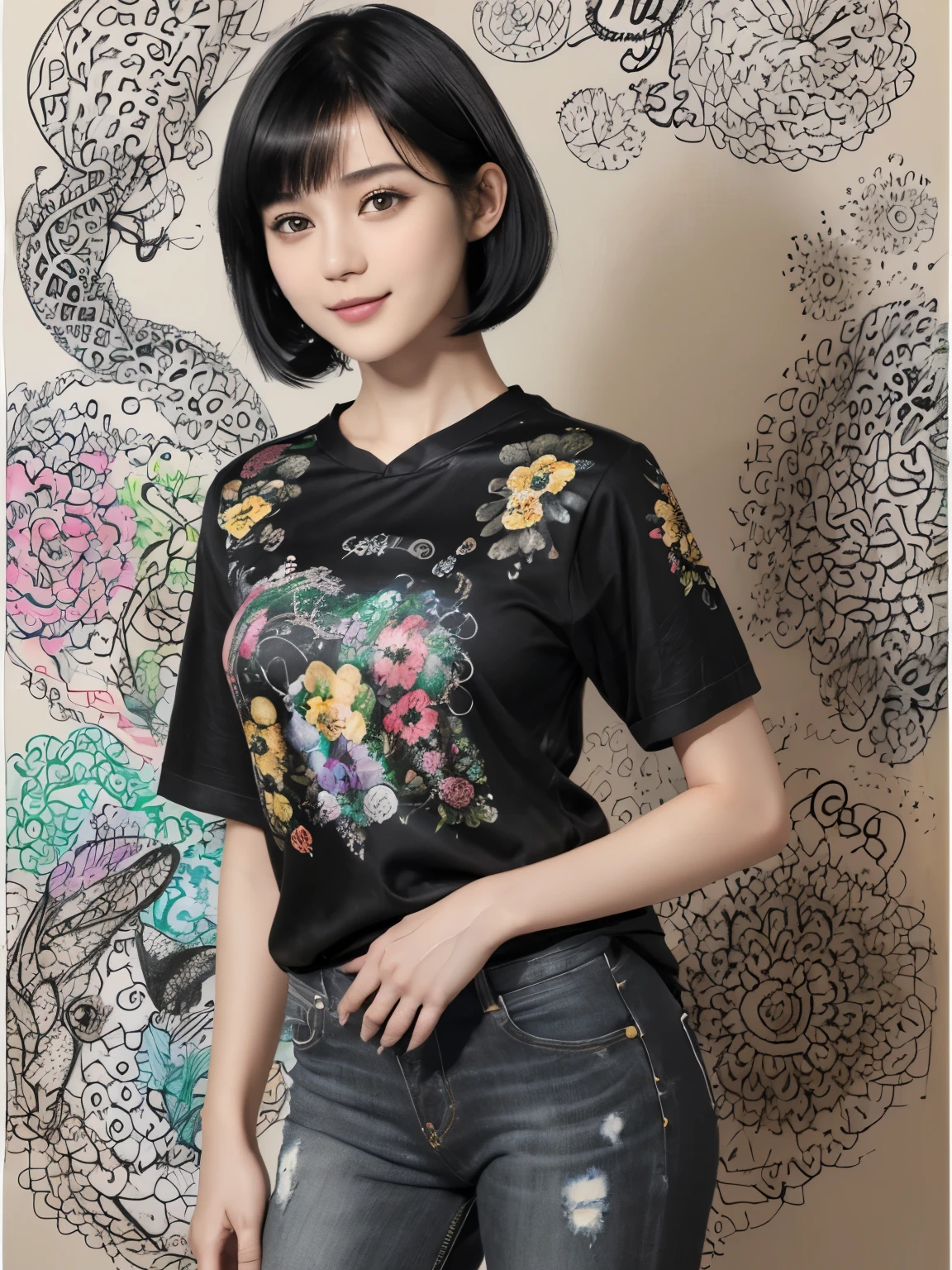 A woman in a black shirt and jeans posing for a picture - SeaArt AI