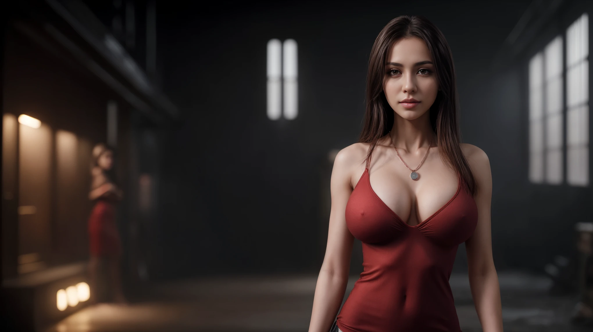 8k, masterpiece, RAW photo, best quality, photorealistic, extremely detailed CG unity 8k wallpaper, Depth of field, Cinematic Light, Lens Flare, Ray tracing, (extremely beautiful face, beautiful lips, beautiful eyes), intricate detail face, ((ultra detailed skin)), ((1girl:1.9)), ((alone:1.9)), ((seductively standing pose)), at night inside a grunge warehouse, deep shadow, (sharp focus), [((Raiana-Elizabeth-Dilla:1.9))], pretty girl, (very slim slender fit-muscled body:1.9), ((beautiful legs:1.4)), (big smile:1), (sexy ((see-through)) ((ultra-short ((red:1.2)) punk-style clothes))), (((dark scenery,nightlife,urbanlife))), (industrial decay,urban texture,mysterious and atmospheric,blurred edges,dusty atmosphere,loneliness and solitude), (blurred background:1.4), beautiful earrings, bracelets, necklace, red pendant, clear eyes, (pale skin), (face forward), ((whole-body-view)), ((full-body:1.8, cinematic shot)), soft lighting, (long black hairs), (looking at viewer:1.8), cleavage breasts, (large breasts:1.6), touching the breast, highly detailed, ultra realistic, extremely detailed and realistic ((red:1.2)) clothes.