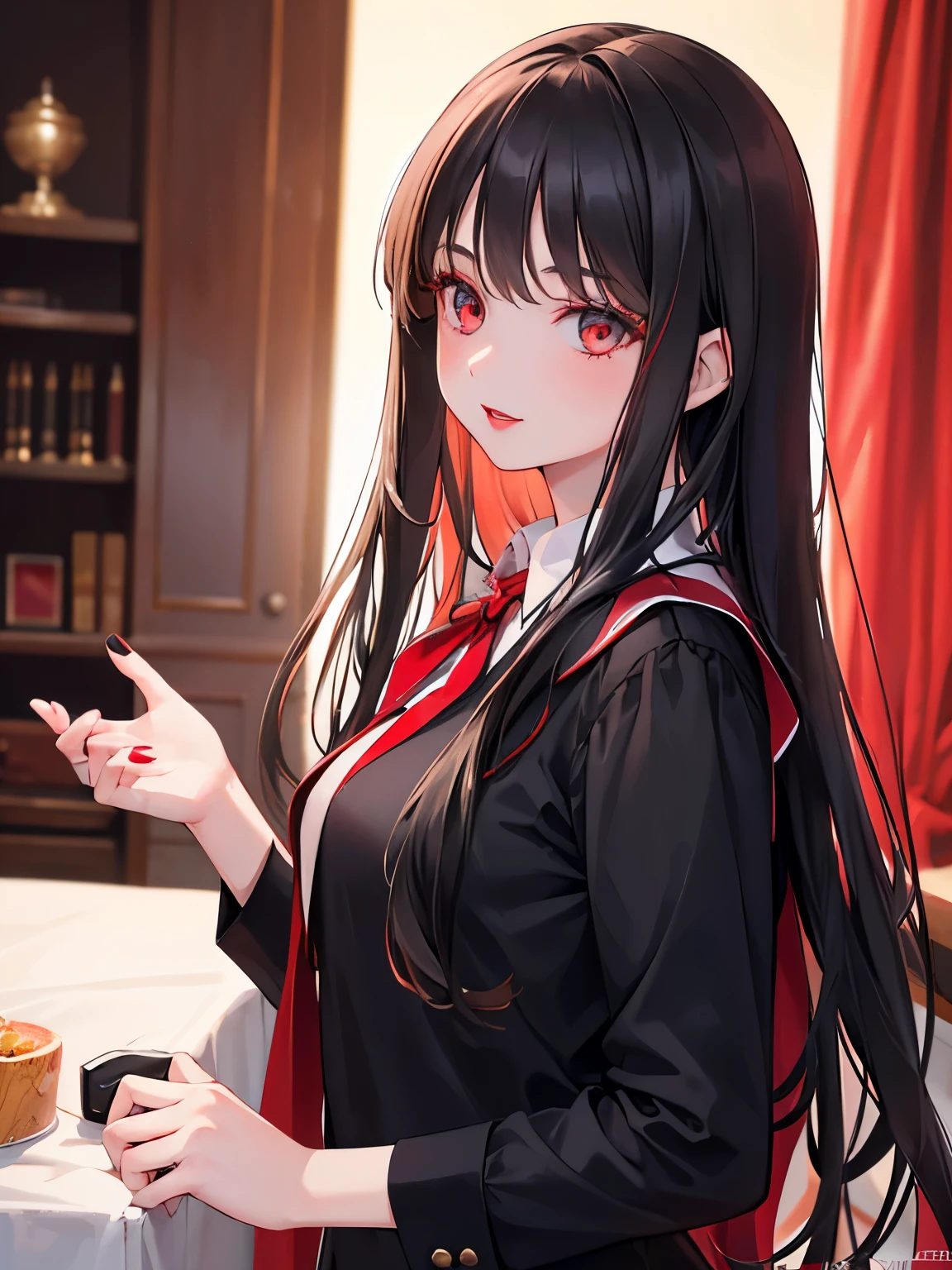 arafed woman with long hair and red lipstick posing for a picture, ekaterina, profile image, red lips, professional photos, 30 year old female, 30 year old female, Angie Wolf, Jessica Devich Photos, professional profile picture, moleksandra shchaslyva, with straight black hair