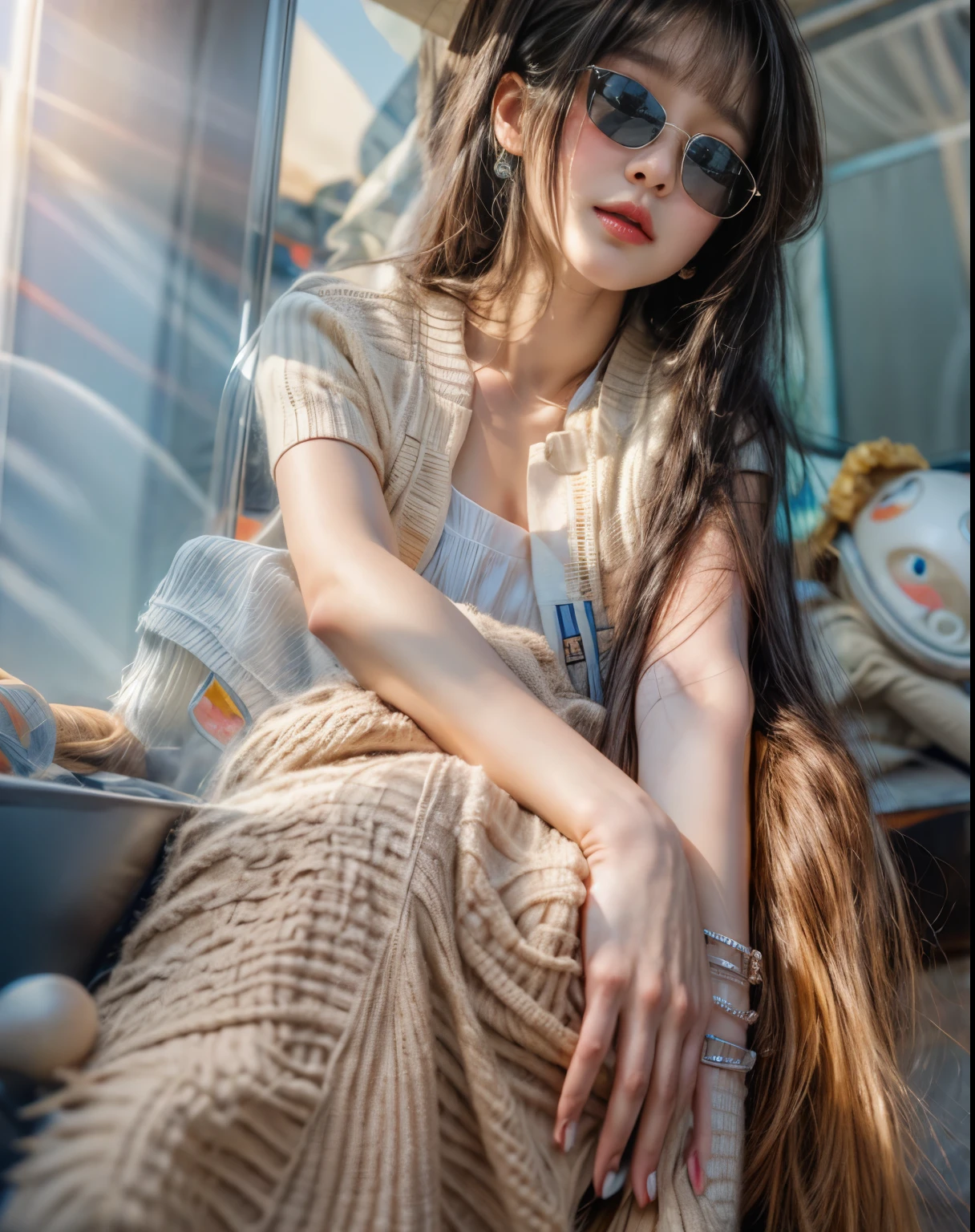 masterpiece、highest quality、cinema、(Detailed both eyes)、(cute japanese woman、bangs:1.3)、23 years old、1 girl、elegant、black hair、(auraroid photo:1.4)、(sunglasses)、Poland、