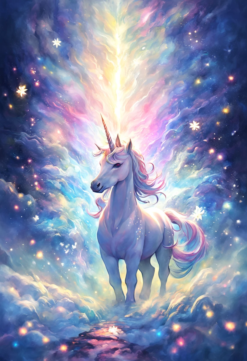 No characters in a fantasy world，Unicorn close-up(eyes clear and bright)is a mysterious and beautiful creature，Possess pure soul and magical power。 A unicorn shining with colorful light stands on the forehead. Summoning ceremony. Dynamic god. Vivid and surreal texture., dramatic lighting, Illusive Trend Art Snowflakes are dancing and you feel the purity and dreaminess，Let the soul and fantasy meet，create beautiful miracles (extremely delicate and beautiful) detailed, masterpiece, high resolution, best quality, HD details, Ultra-detailed, Normal, Surrealistic dynamic angles and elegant atmosphere anatomically correct