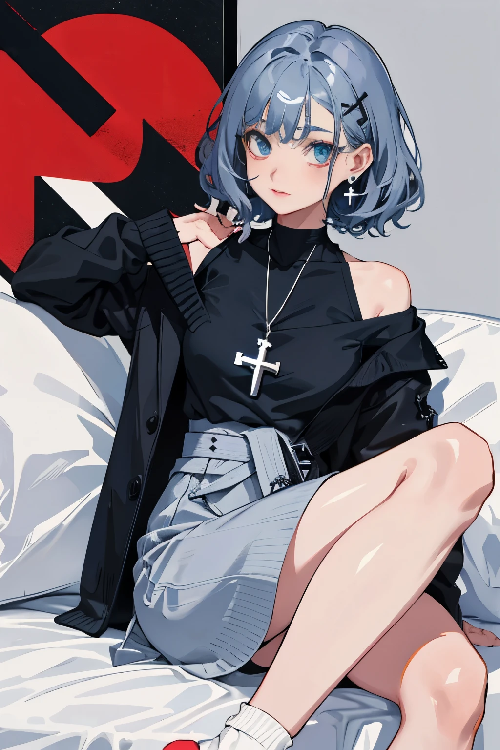 ((Cross one hand at waist))，（masterpiece，best quality），Absolute opportunity，Gray shoulder-length short hair，curls，Blue hairpins，red sweater，blackigeyes，White pile socks，black短靴，Appropriate silver jewelry，black（cross）Stud earring necklace