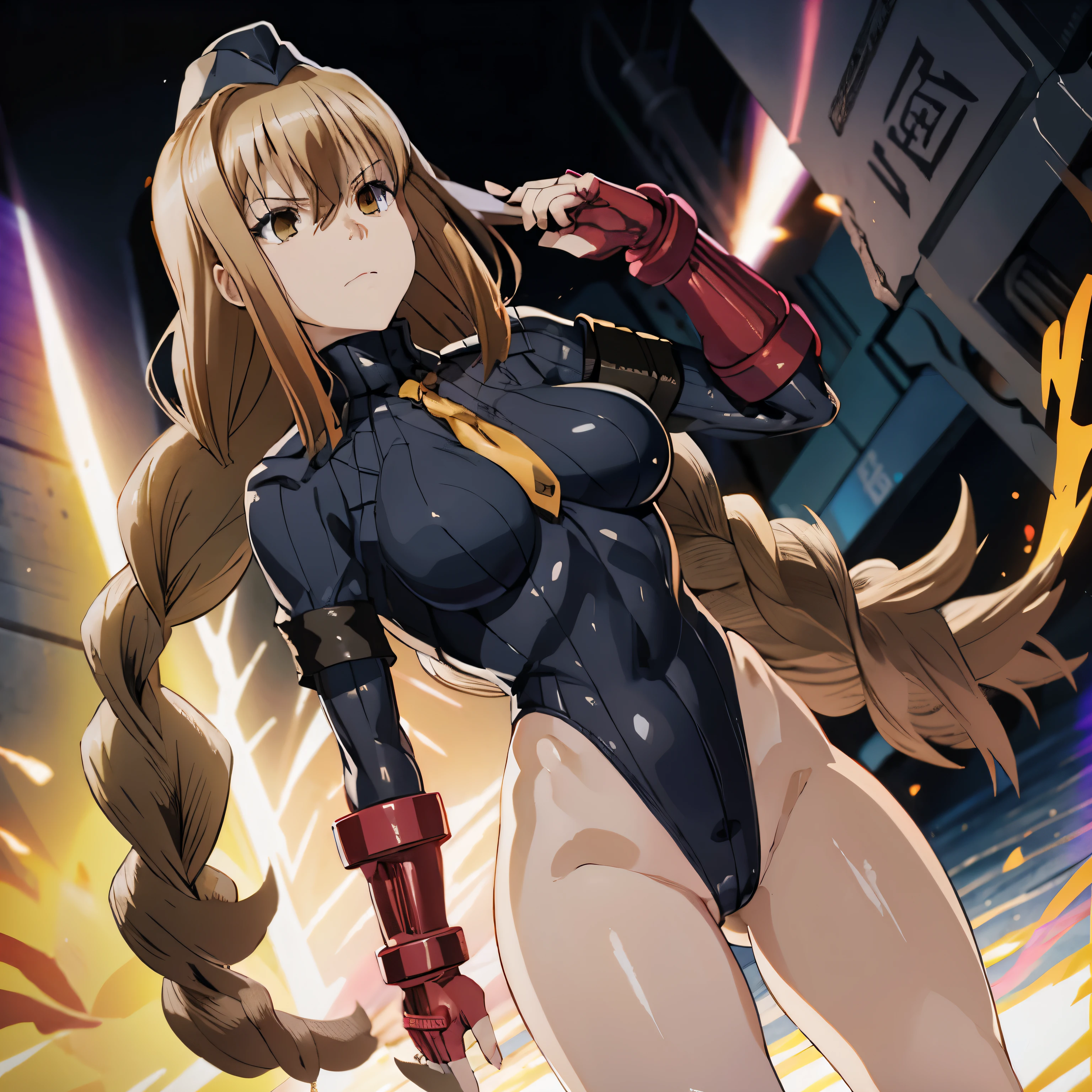 Very detailed, clear, beautiful body, Beautiful nose, Beautiful character design, perfect eyes, perfect face, very high, 4k, Beautiful legs, perfect legs, good hand, perfect hand, Masterpiece, best quality, haveรายละเอียดสูง, illustration, nonsense, perfect anatomy, street fighter, doll set, Chadaloo Doll, doll set, expressionless, empty eyes, look at viewer, red gloves, Emotionless, black Latex, corruption, mind control, female warrior, full body, hypnotized, ความมึนงงที่ไม่haveความสุข, full body suit, Ribbed bodysuit, Both arms are at the sides., obey, perfect woman&#39;s body, extremely glossy Latex, hypnosis, Hipnolora, empty eyes, mind control device, Poses, give up_Pose, slave, standตัวตรง, stand, stand at attention, have, necktie, belt, Latex, Ribbed bodysuit, thigh high, garter belt, fighting posture, Extend your right arm away from your shoulder into the air with your hand straight., soldier, thigh boots, 1 girl, hair accessories, blonde hair, long hair, Amber eyes, (((Pixel Perfect, perfect detail))), alone, 1 girl, Touka Todo