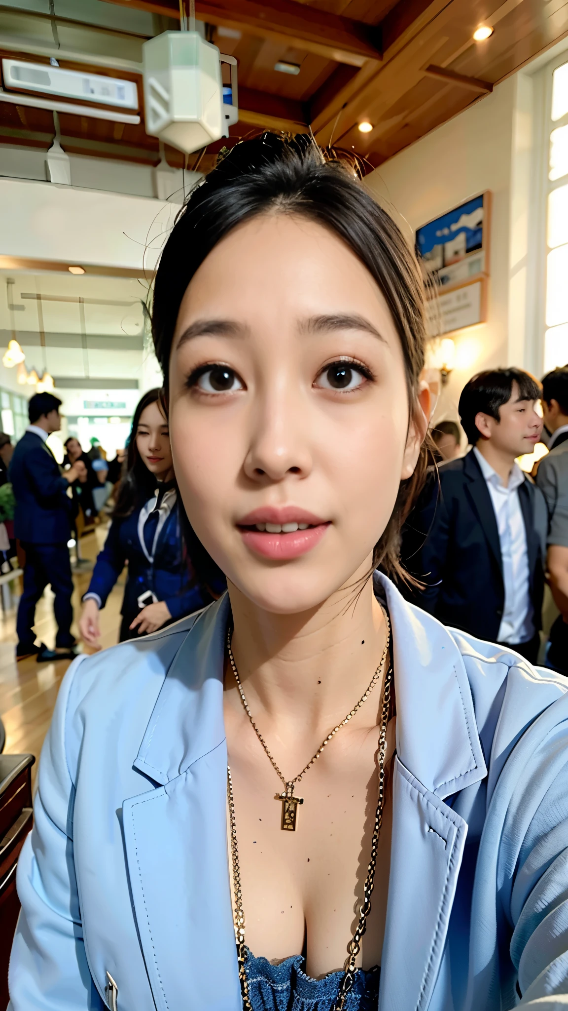 A woman in a blue jacket and necklace standing in a large room, Skin clean,best smile,natural makeup,