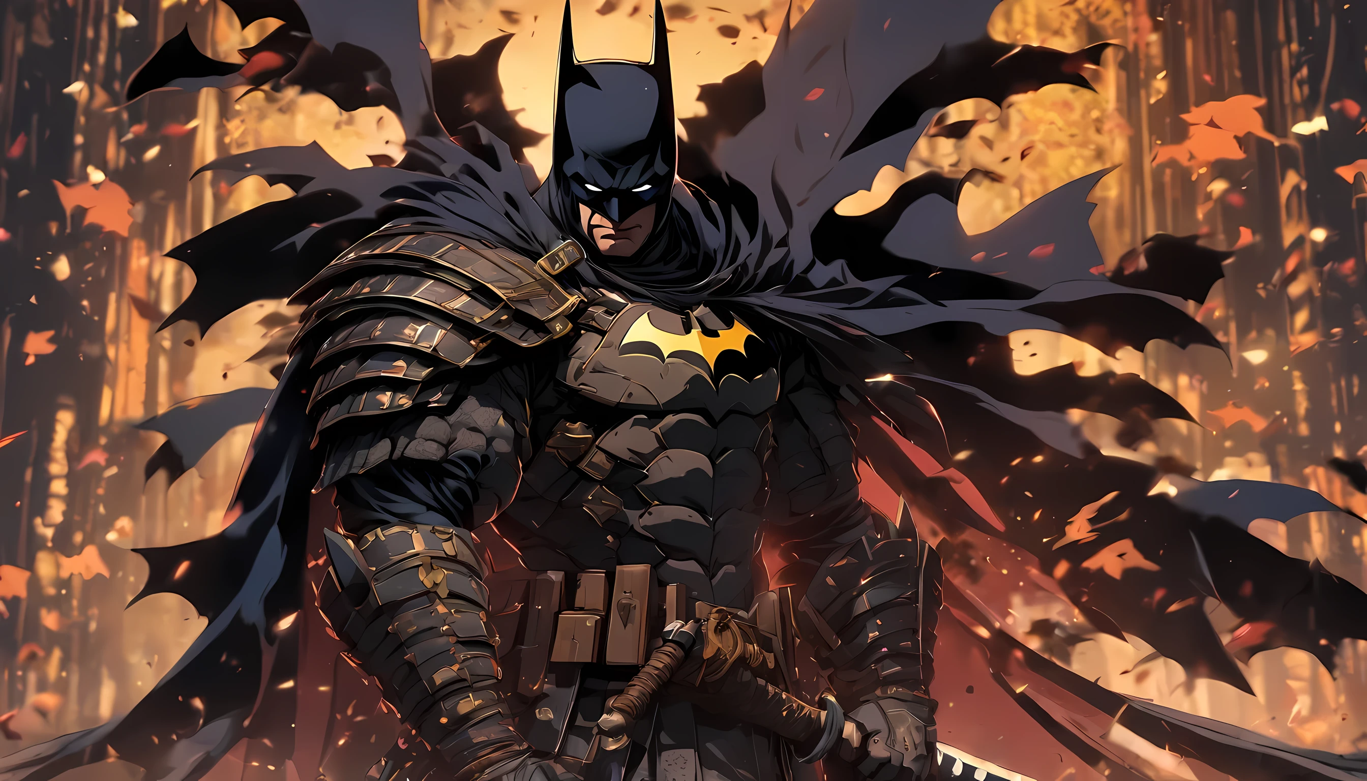 an illustration of Batman fused with shogunate era outfit from feudal japan (batman as samurai), holding a katana on his right hand, standing posing like a samurai, full-body illustration, best quality, ultra quality, absurd details, best light, best shadow, sharp, sharp picture, detailed face, detailed eyes, detailed, extremely detailed, great resolution, 8k, 4k, uhd, ray tracing, beautiful effects