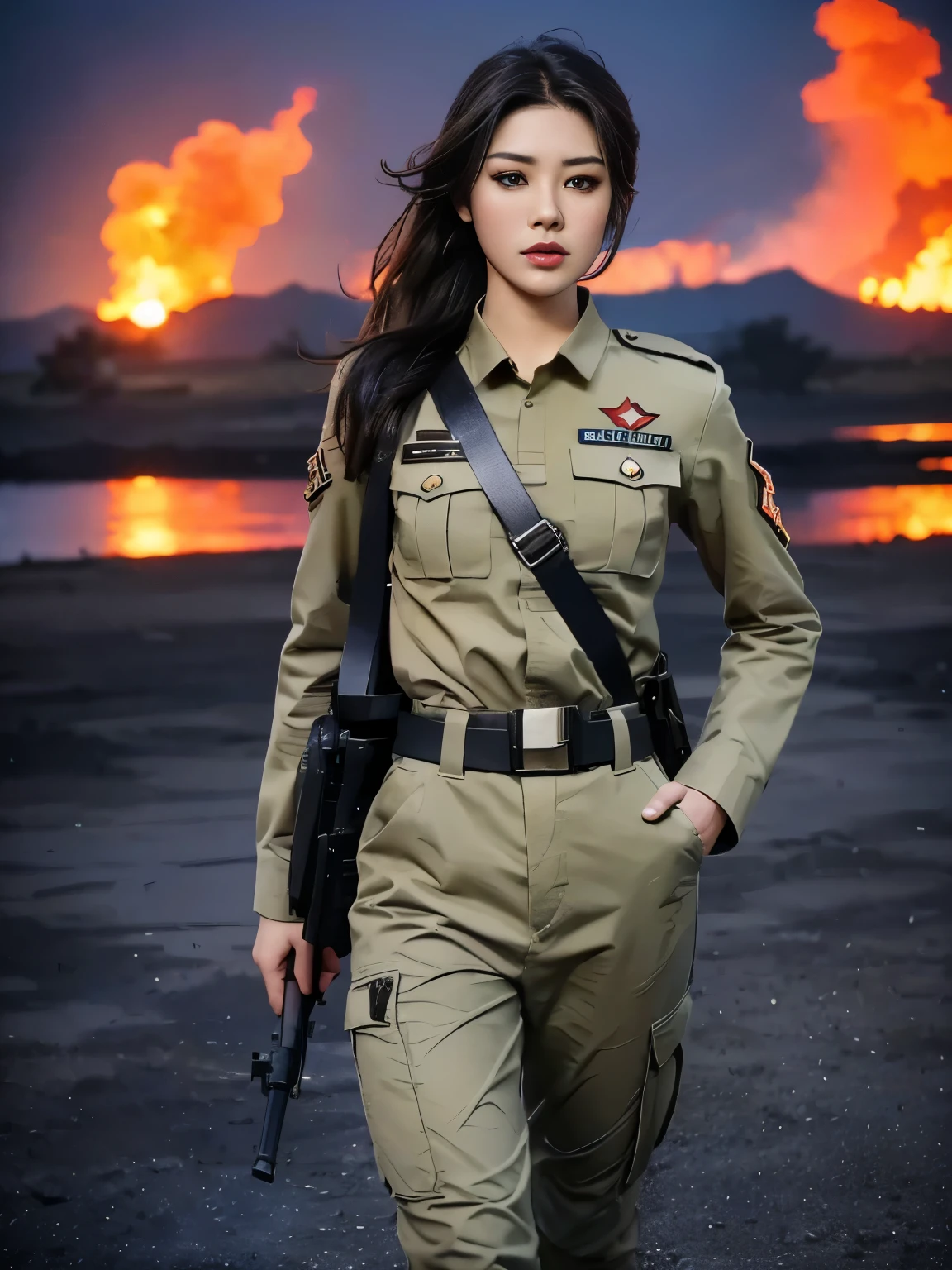 Fashion female model 18 years old ，With a submachine gun in his hand，The firelight reflected her face，，Godly eyes，sexy lips，high nose，human development report，girl，(((沙漠迷彩military uniform)))，military uniform，military belt，tactical camouflage pants，delicate face，Raised sexy，，breast enhancement，hip fat，The background is the battlefield in the Middle East，Gunsmoke fills，The fire burst into the sky，burning，city ruins，4K Ultra HD, ultra high resolution, (lifelike: 1.4), best quality，masterpiece，Professional photography。