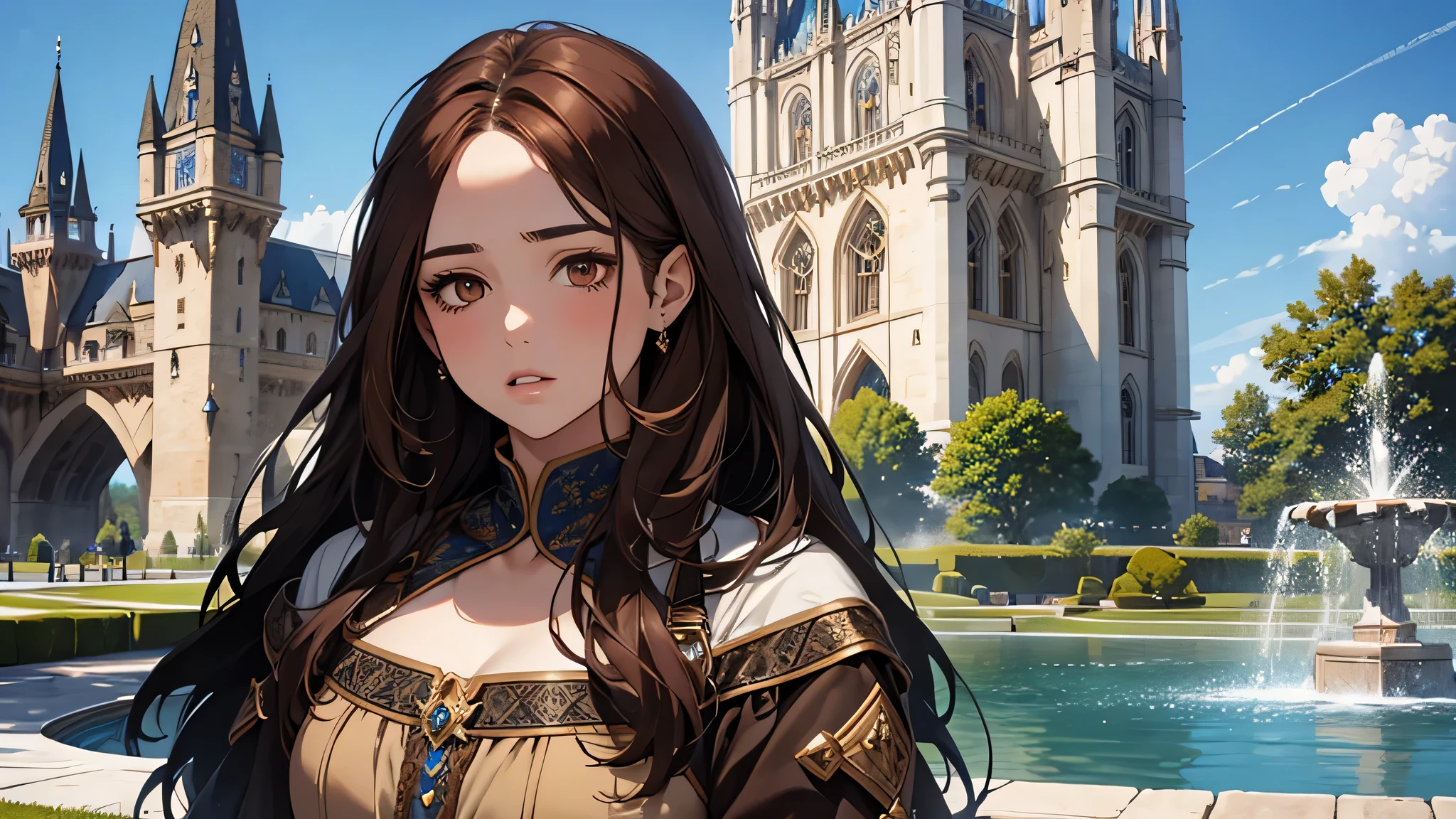 beautiful girl, thick brown hair, brown eyes, plump lips, face detailed, medieval times, in fountain park, blue sky, full of expression, fake smile