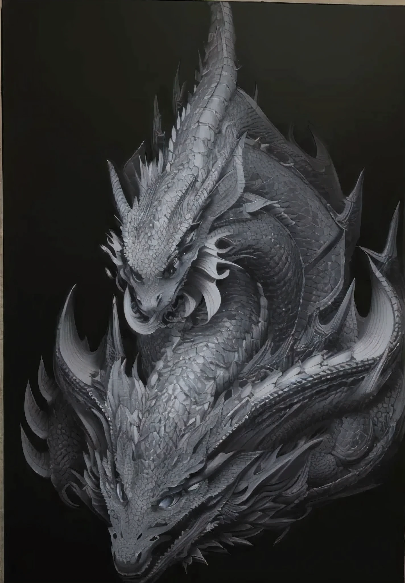 Draw a dragon with a long tail and a big head., complicated, Elegant CGI anime style., dragon art, Very detailed art, dragon details, dragon oil painting, detailed airbrush art, very high details!!, 4 k Highly detailed art, chinese dragon engrave, 4k. detailed drawing, Monochromatic airbrush painting, Highly detailed art, Dragon with scars