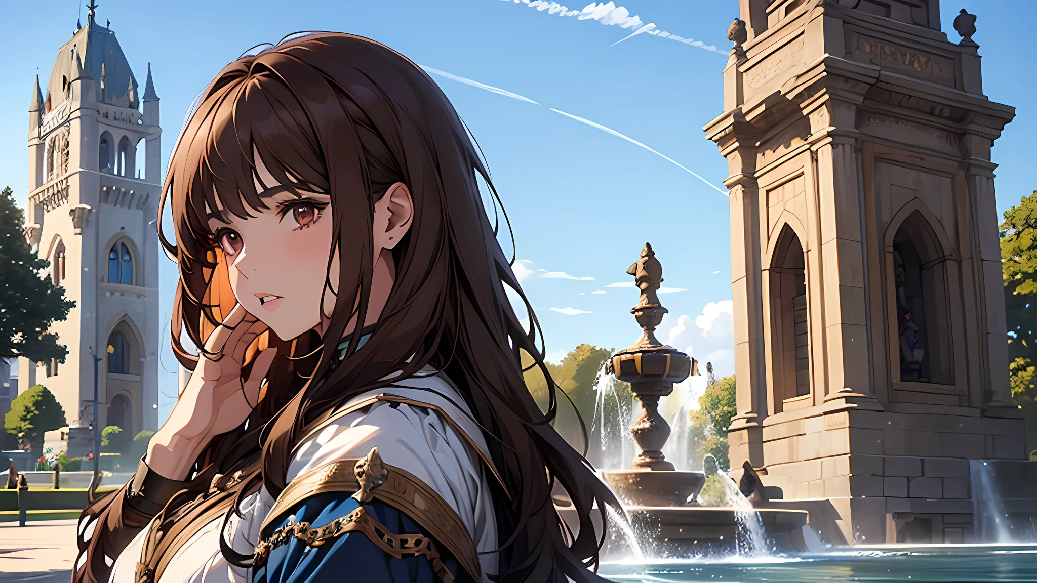 beautiful girl, thick brown hair, brown eyes, plump lips, face detailed, medieval times, in fountain park, blue sky, confused face, thinking