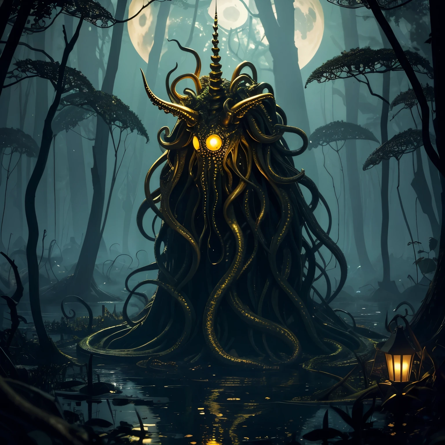 An eldritch horror with many tentacles and many insect eyes crawls through the forest, it has a single golden unicorn head protruding from its head, set in a moonlit swamp