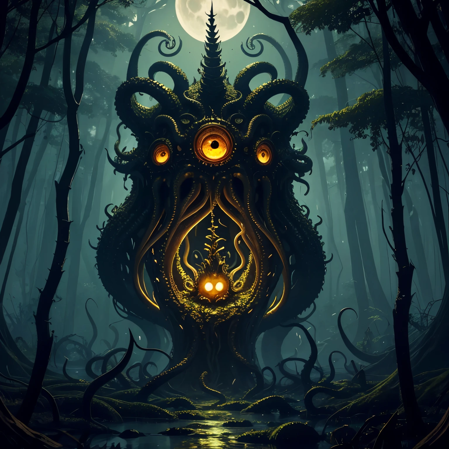 An eldritch horror with many tentacles and many insect eyes crawls through the forest, it has a single golden unicorn head protruding from its head, set in a moonlit swamp