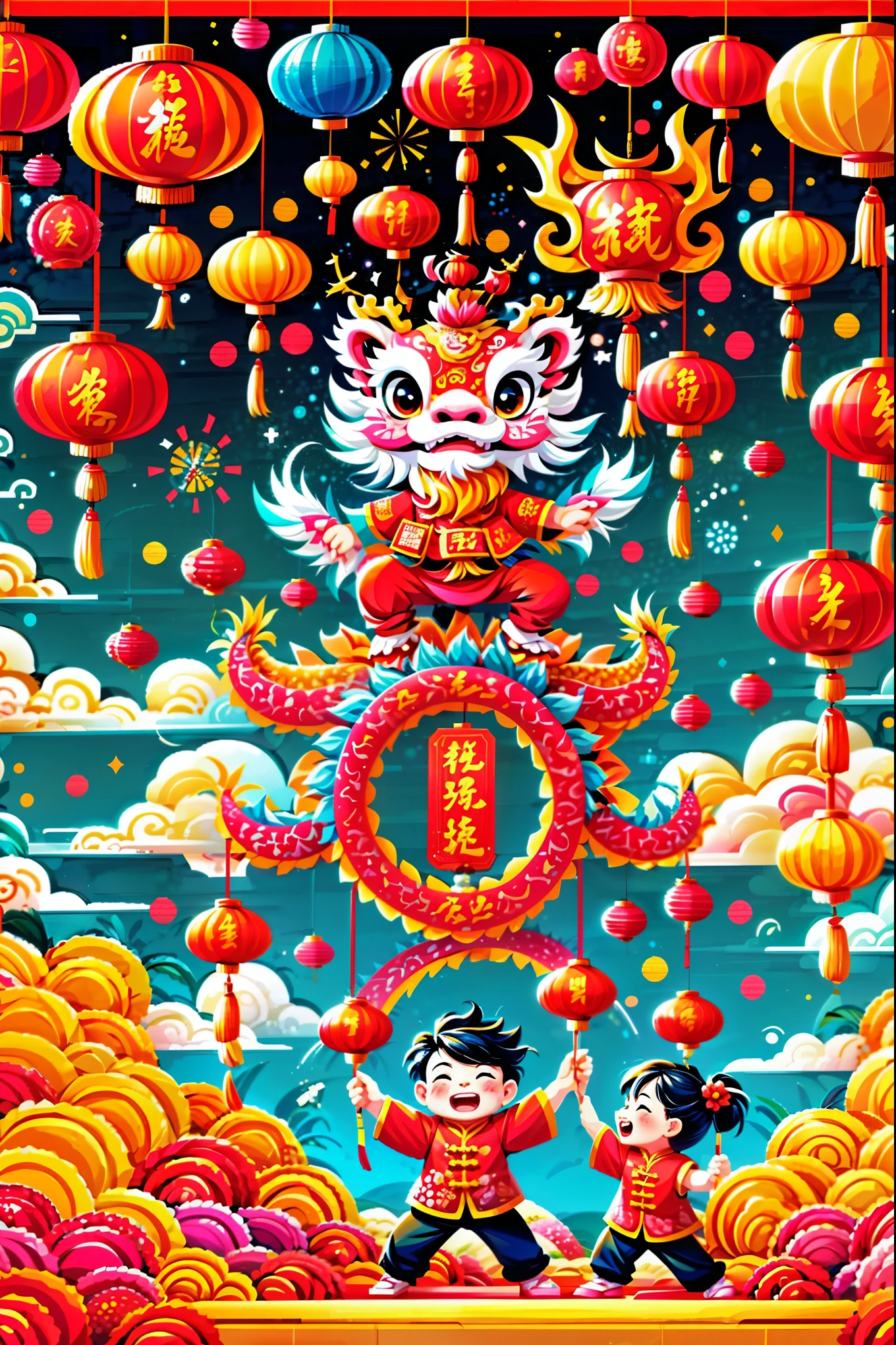 A dynamic and joyful vector-style illustration celebrating the Chinese Lunar New Year. The scene is alive with children playing happily, surrounded by fireworks, firecrackers, and a lion dance performance. The children are dressed in traditional Chinese attire, laughing and holding festive items like lanterns and red envelopes. The background is bustling with decorations typical for the Spring Festival, such as red lanterns and couplets. The atmosphere is festive and colorful, embodying the spirit of Chinese New Year with traditional and cultural elements. The setting is a busy town square with modern Chinese rural architecture