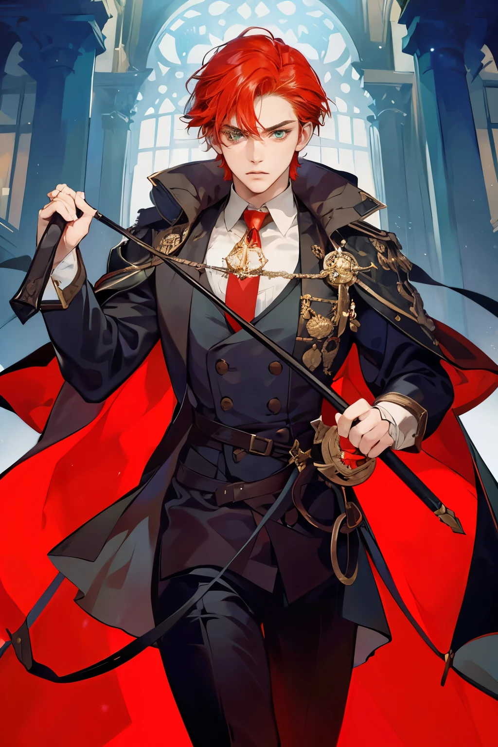 1 boy, handsome male, handsome face, red hair, green eyes, perfect male body, glaring, holding a whip in his hand, serious expression, tsundere, standing in castle, Medieval aristocratic men's clothing., best quality, amazing quality, very aesthetic, absurdres, masterpiece,