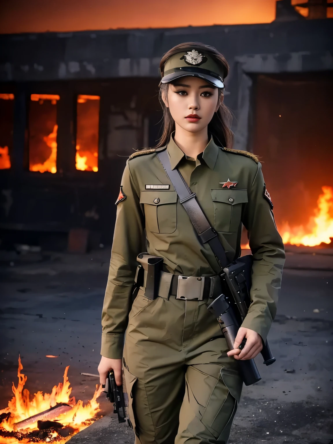 Fashion female model 18 years old ，With a submachine gun in his hand，The firelight reflected her face，，Godly eyes，sexy lips，high nose，human development report，girl，(((沙漠迷彩military uniform)))，military uniform，military belt，tactical camouflage pants，delicate face，Raised sexy，，breast enhancement，hip fat，The background is the battlefield in the Middle East，Gunsmoke fills，The fire burst into the sky，burning，city ruins，4K Ultra HD, ultra high resolution, (lifelike: 1.4), best quality，masterpiece，Professional photography。