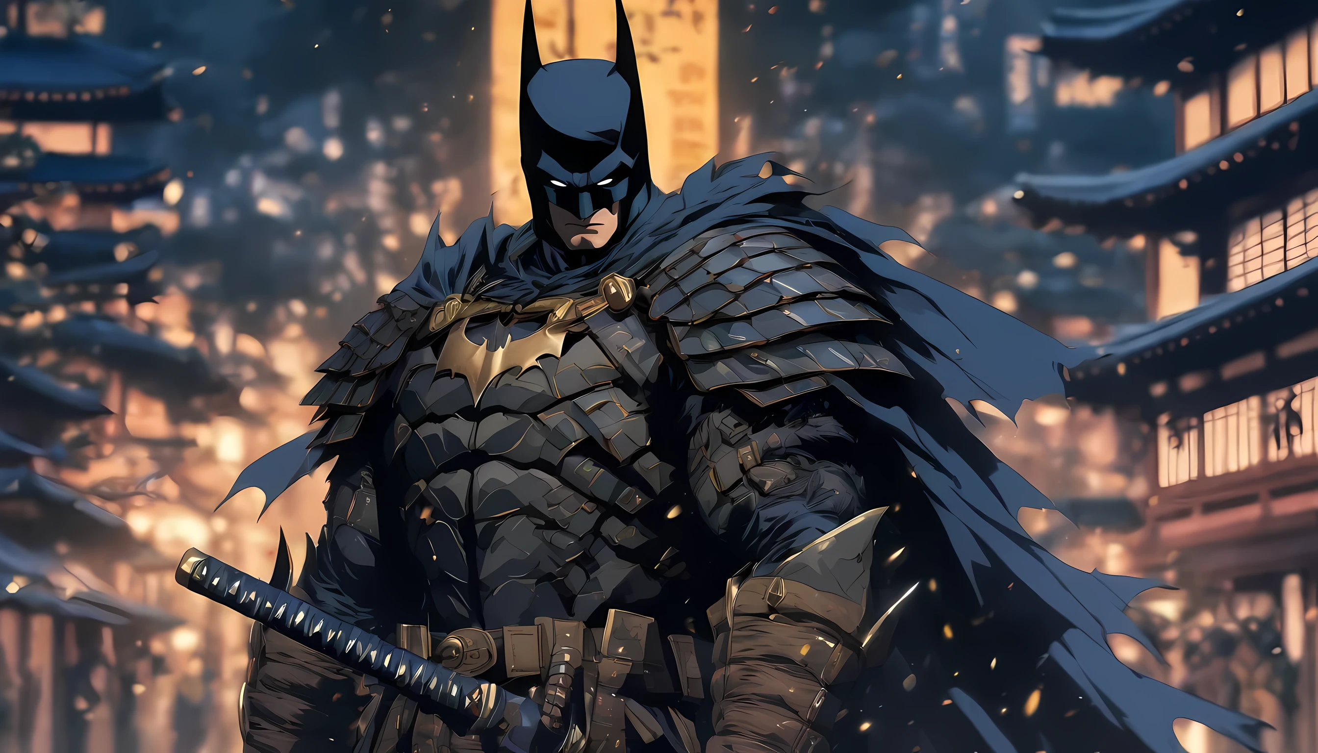 an illustration of Batman as samurai in feudal era japan, holding a katana on his right hand, standing posing like a samurai, full-body illustration, best quality, ultra quality, absurd details, best light, best shadow, sharp, sharp picture, detailed face, detailed eyes, detailed, extremely detailed, great resolution, 8k, 4k, uhd, ray tracing, beautiful effects