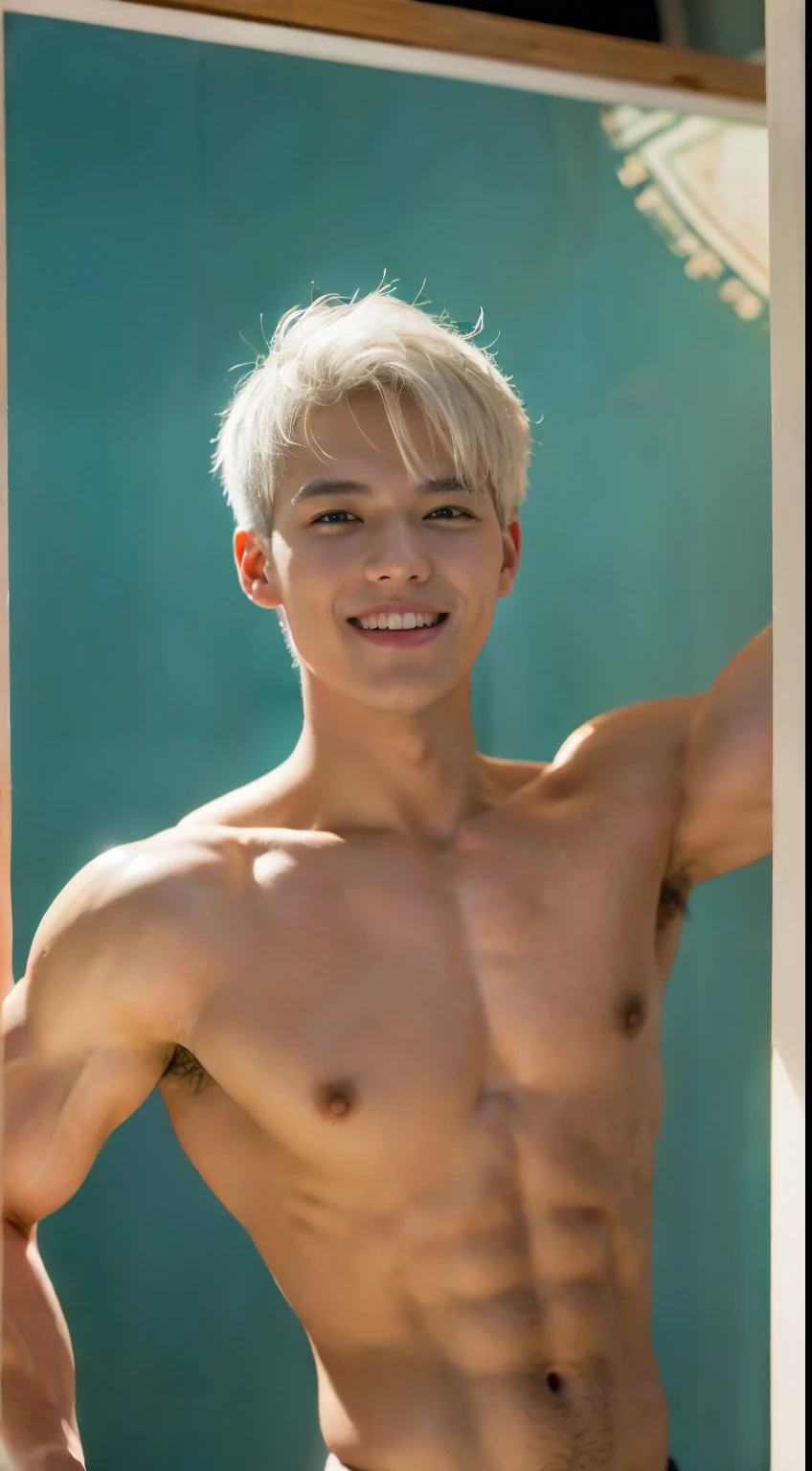 ((masterpiece)), ((best quality)), ((high resolution)), ((Detailed background)), ((Extremely detailed CG unified 8k wallpaper)), alone, Young men,white hair,short hair,Smile,thin waist,6-pack abs,Sexy胸肌,Sexy, Thin stature,detailed body, The perspective is viewed from the bottom up ,