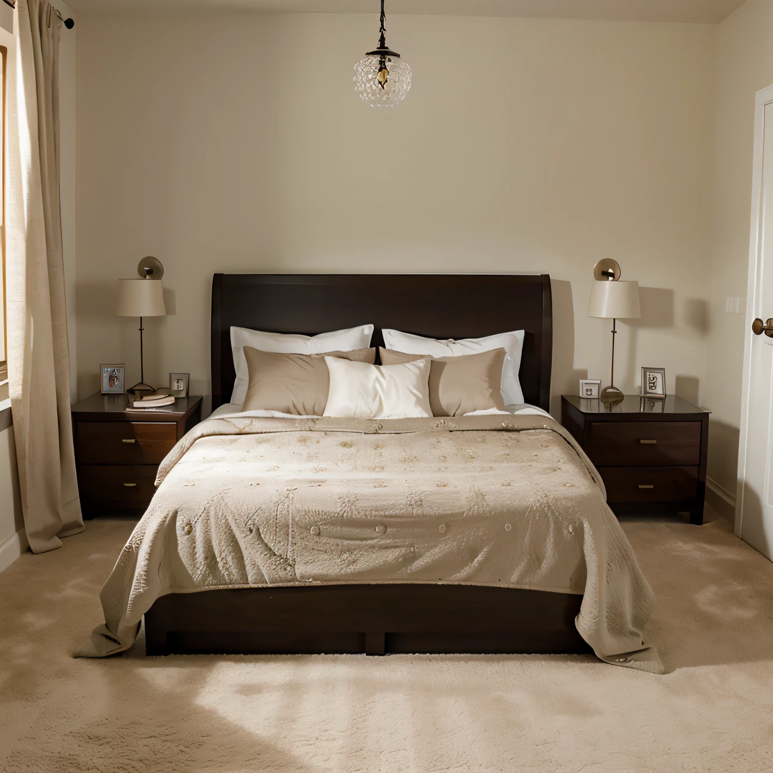 A cozy bedroom with a side table placed next to the bed