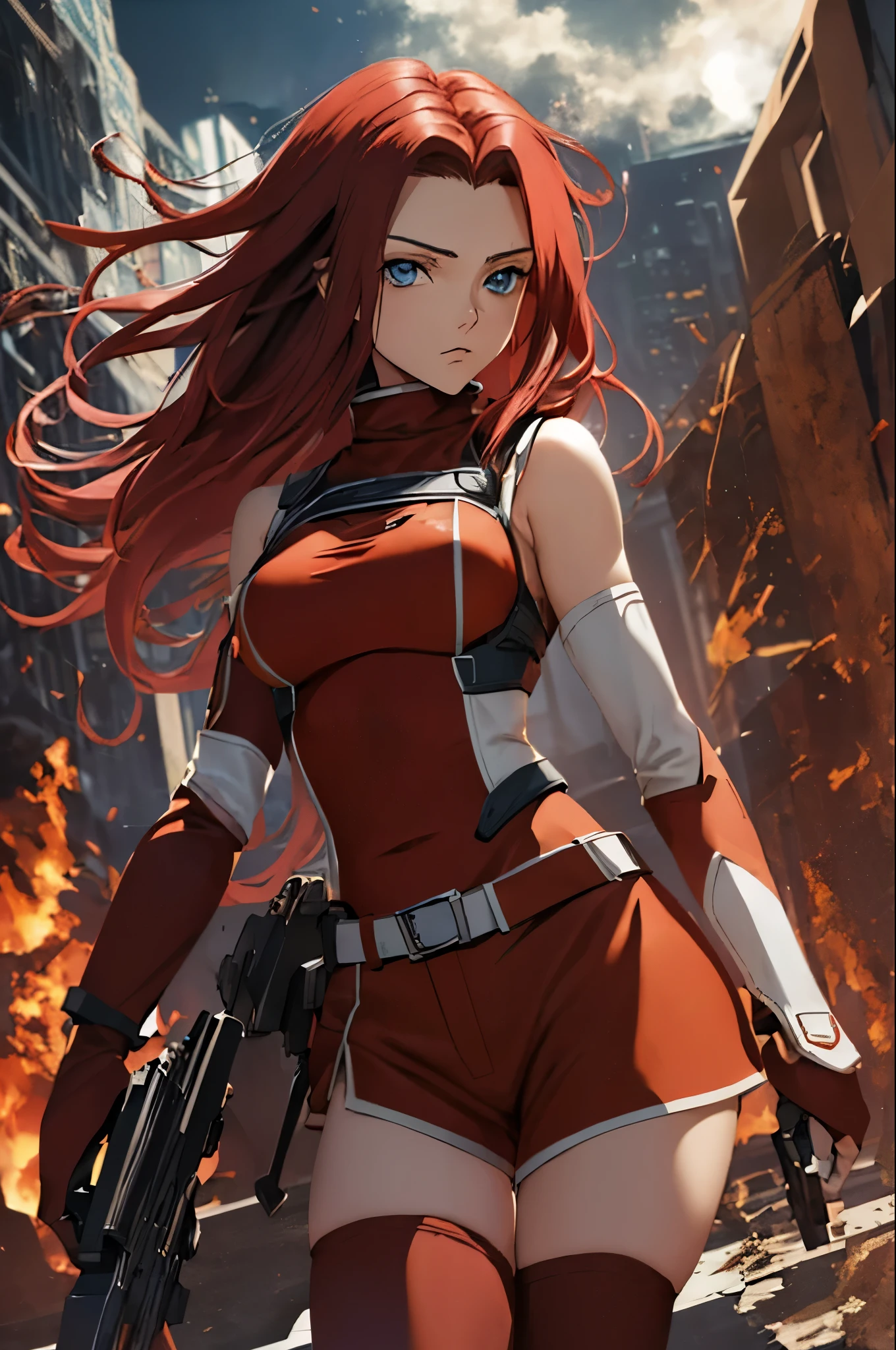 masterpiece, best quality, highly detailed, highres, hdr,
code geass, 1girl, solo, kallen stadtfeld,holding weapon, gun, holding gun, 
bare shoulders, midriff, (((brown sleeveless turtleneck))), red thighhighs, (((brown shorts))), red shirt, ((white detached sleeves)), clothing cutout, zettai ryouiki, white belt, red legwear,
blue eyes, large breasts, black hair, long hair,
cowboy shot, intense angle,
mksks style, beautiful background, detailed background, professional lightning, post-apocalypse, buildings, burning, fire, light particles,