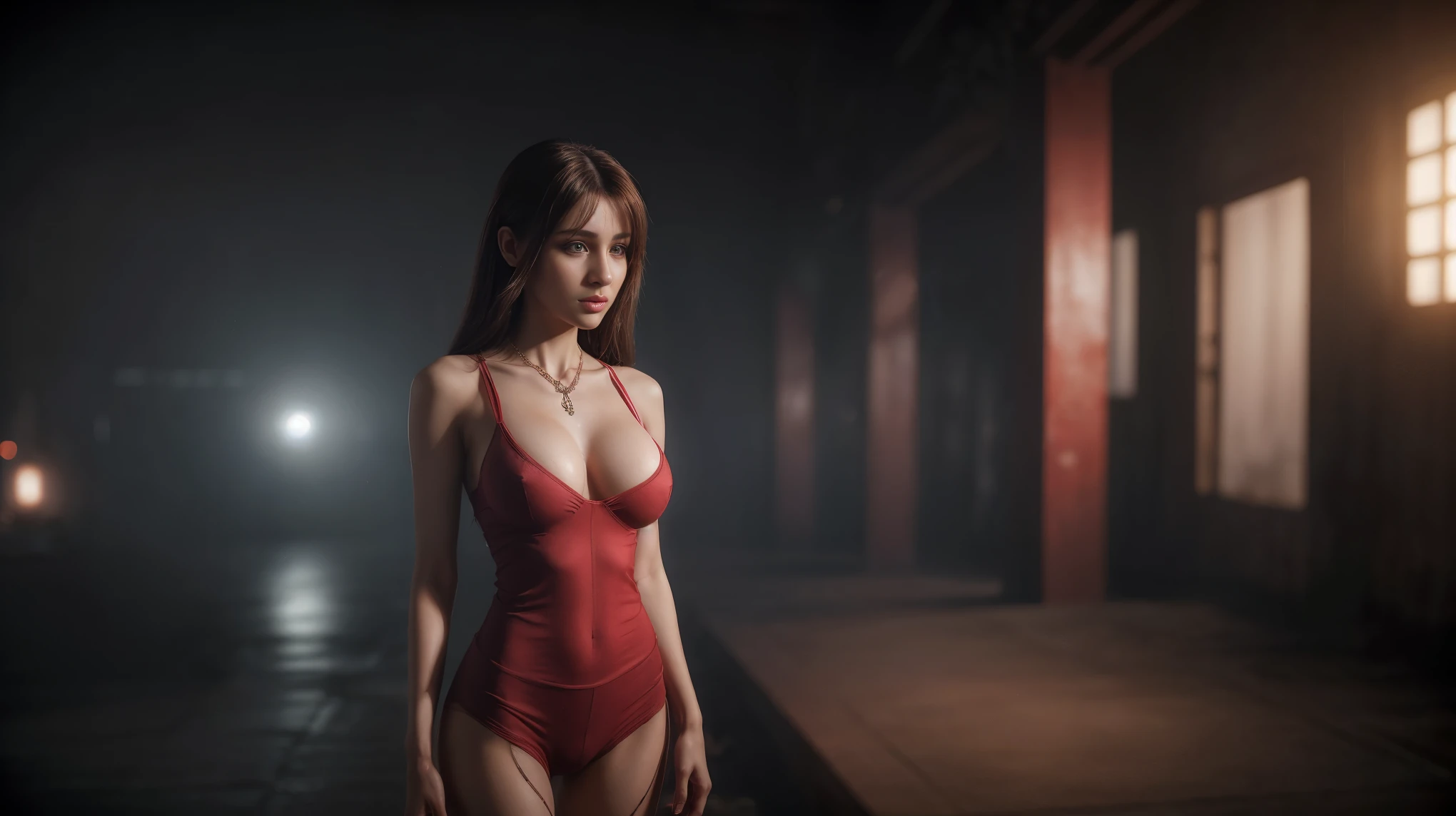 8k, masterpiece, RAW photo, best quality, photorealistic, extremely detailed CG unity 8k wallpaper, Depth of field, Cinematic Light, Lens Flare, Ray tracing, (extremely beautiful face, beautiful lips, beautiful eyes), intricate detail face, ((ultra detailed skin)), ((1girl:1.9)), ((alone:1.9)), ((seductively standing pose)), at night inside a grunge warehouse, deep shadow, (sharp focus), [((Raiana-Elizabeth-Dilla:1.9))], pretty girl, (very slim slender fit-muscled body:1.9), ((beautiful legs:1.4)), (big smile:1), (sexy ((see-through)) ((ultra-short ((red:1.2)) punk-style clothes))), (((dark scenery,nightlife,urbanlife))), (industrial decay,urban texture,mysterious and atmospheric,blurred edges,dusty atmosphere,loneliness and solitude), (blurred background:1.4), beautiful earrings, bracelets, necklace, red pendant, clear eyes, (pale skin), (face forward), ((whole-body-view)), ((full-body:1.8, cinematic shot)), soft lighting, (long black hairs), (looking at viewer:1.8), cleavage breasts, (large breasts:1.6), touching the breast, highly detailed, ultra realistic, extremely detailed and realistic ((red:1.2)) clothes.