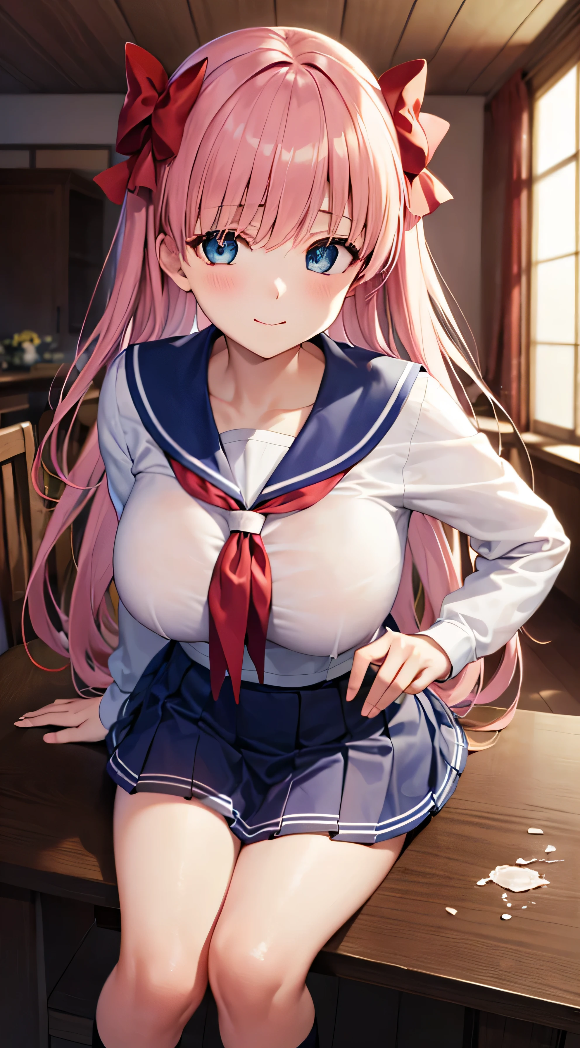 Yuokahara Village, Yoshitaka Haramura, blue eyes, Hair bow, long hair, pink hair, bow,
Blake Blue skirt, 清澄uniform, pleated skirt, uniform, Serford, skirt,
rest looking at viewer,
在室内rest, vulgar room,
rest (on the table:1.2), best quality, high resolution, unified 8k wallpaper, (illustration:0.8), (beautiful and delicate eyes:1.6), The facial details are particularly rich, perfect lighting, Extremely detailed CG, (perfect hands, perfect anatomy),Seductive smile,huge breasts,from below,cumdrip,Miss ,cat juice,Miss masturbation,strings,Overmuch,