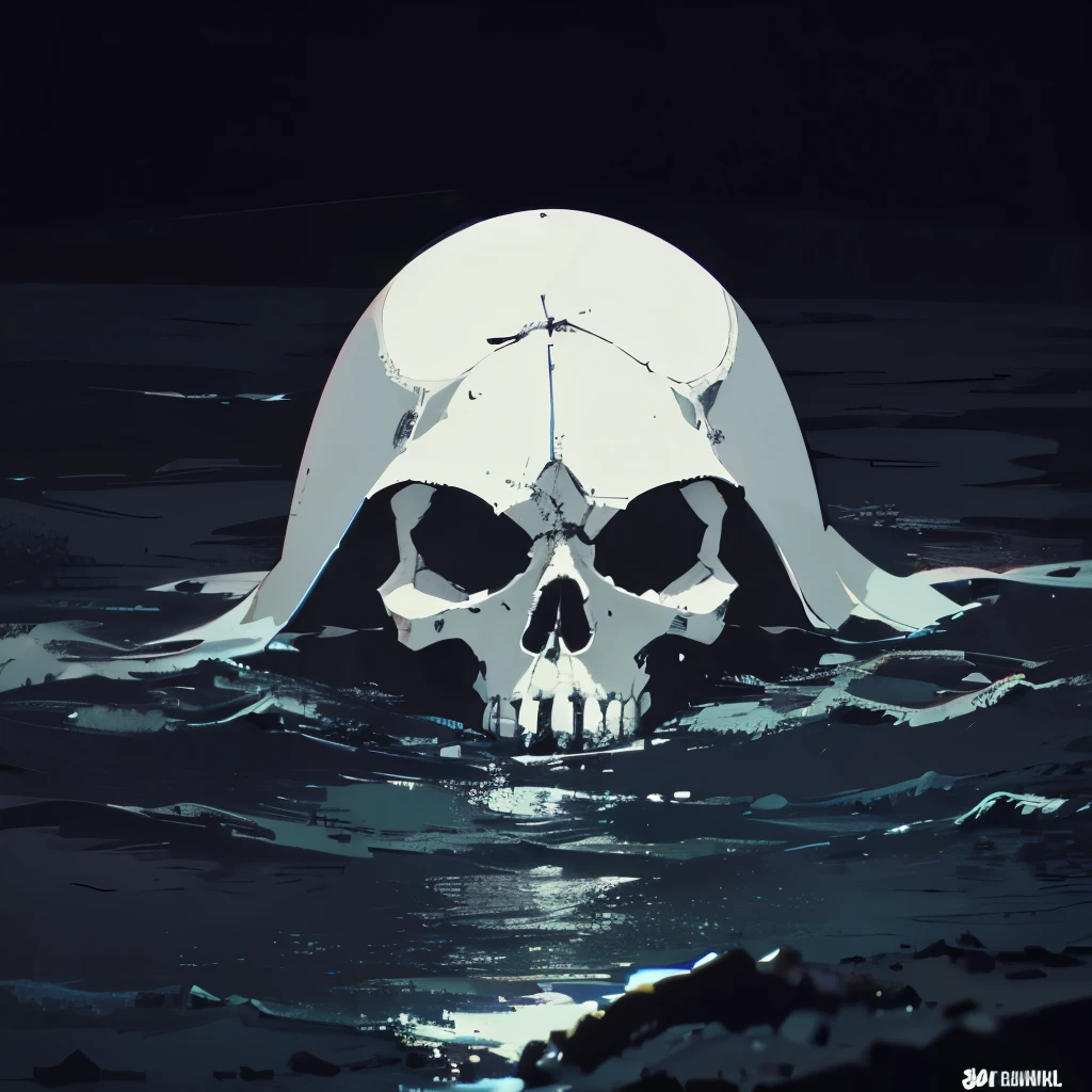 A skull on the ground, a cross on the ground, ocean, tentacle inside the skull, only 1 skull, darkness, black background, Tentacles on skull, surrounded by tentacles 