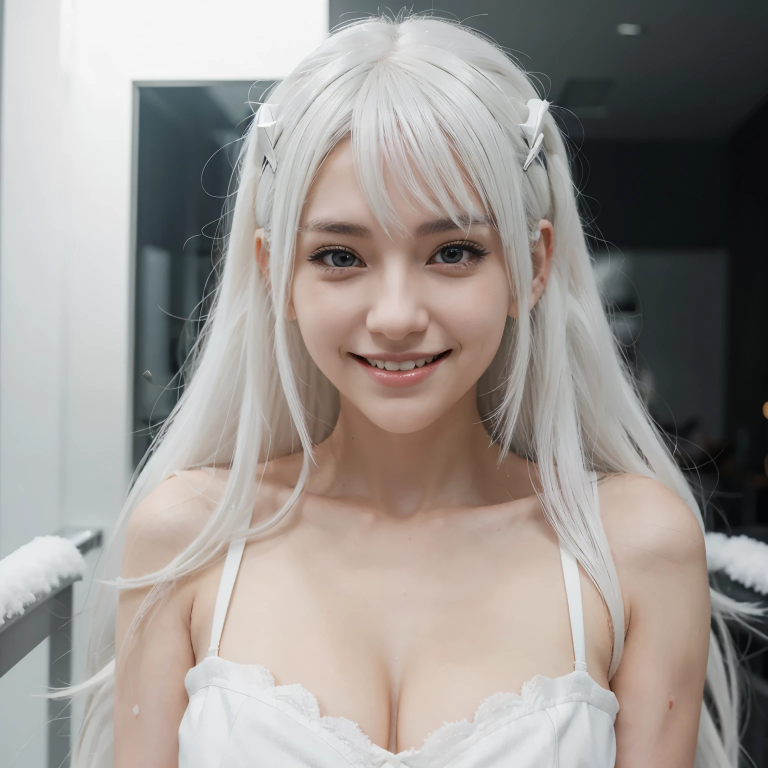 Anime girl, skin white like snow, white hair, long hair, alien ears, black eyes, curvy, Sharp toothy smile, bright smile, 