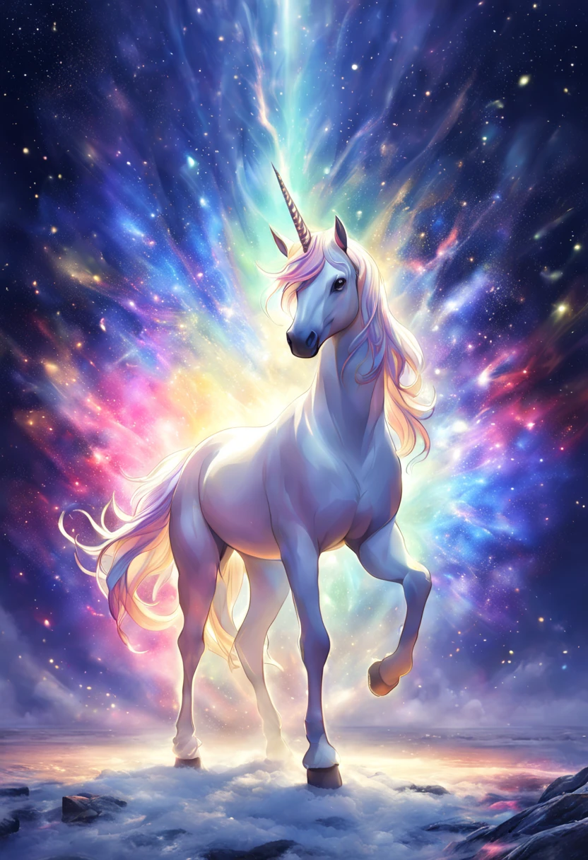 No characters in a fantasy world，Close-up of unicorn&#39;s milky white breasts(eyes clear and bright)Anatomically correct is a mysterious and beautiful creature，Possess pure soul and magical power。 A unicorn shining with colorful light stands on the forehead. Summoning ceremony. Dynamic god. Vivid and surreal texture., dramatic lighting, Illusive Trend Art Snowflakes are dancing and you feel the purity and dreaminess，Let the soul and fantasy meet，create beautiful miracles (extremely delicate and beautiful) detailed, masterpiece, high resolution, best quality, HD details, Ultra-detailed, Normal, Surrealistic dynamic angles and elegant atmosphere 
