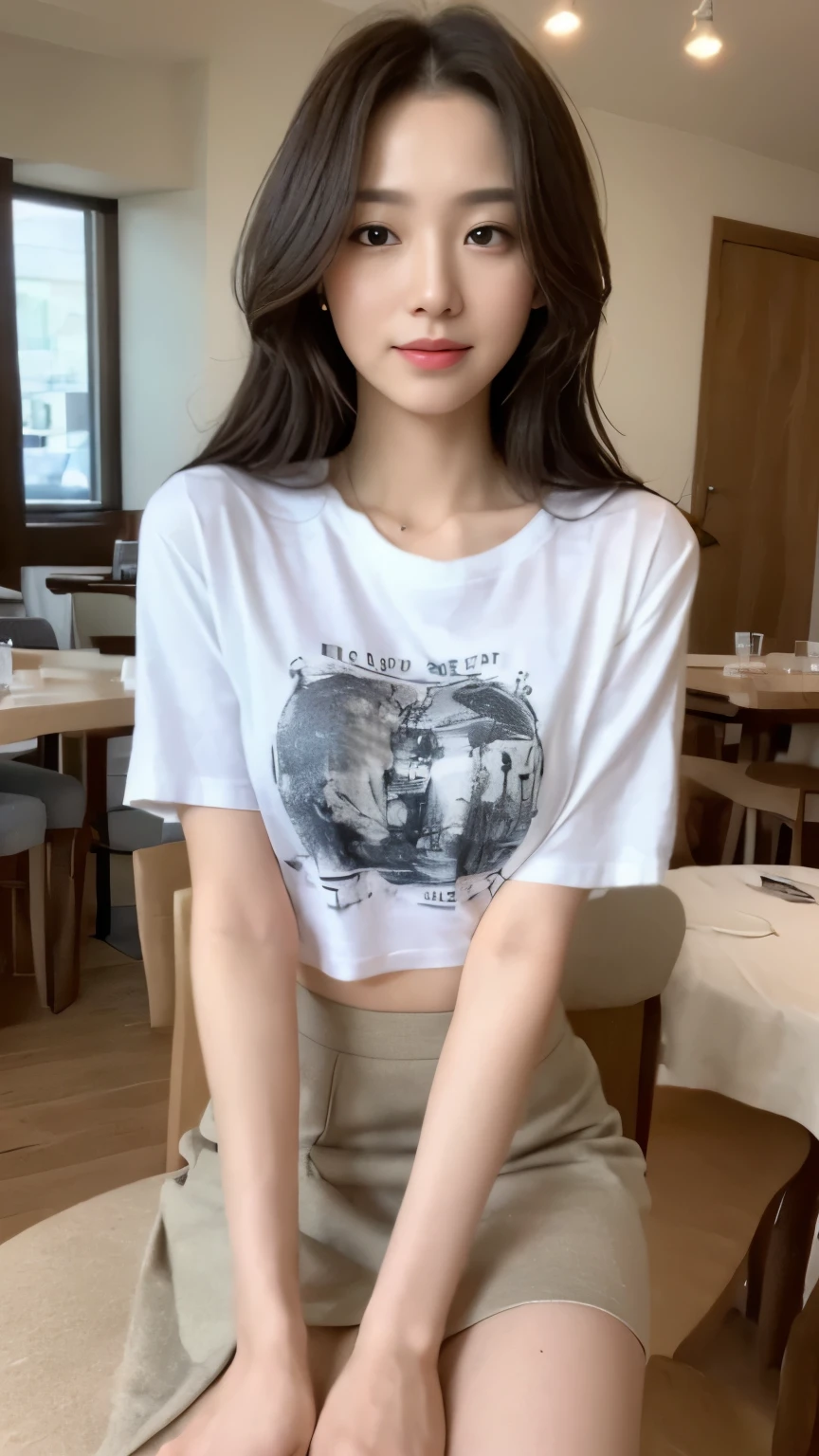 ((top-quality、8k、masterpiece:1.3))、Beautiful woman with perfect body:1.4、slim abdomen:1.2、Longhair, normal breast, Highly detailed facial and skin texture, A detailed eye, delicate eyes, double eyelid, (smile), (full body shot), ((restaurant 1.1)), (sitting on chair), (((wearing t-shirt with skirt))), looking in front