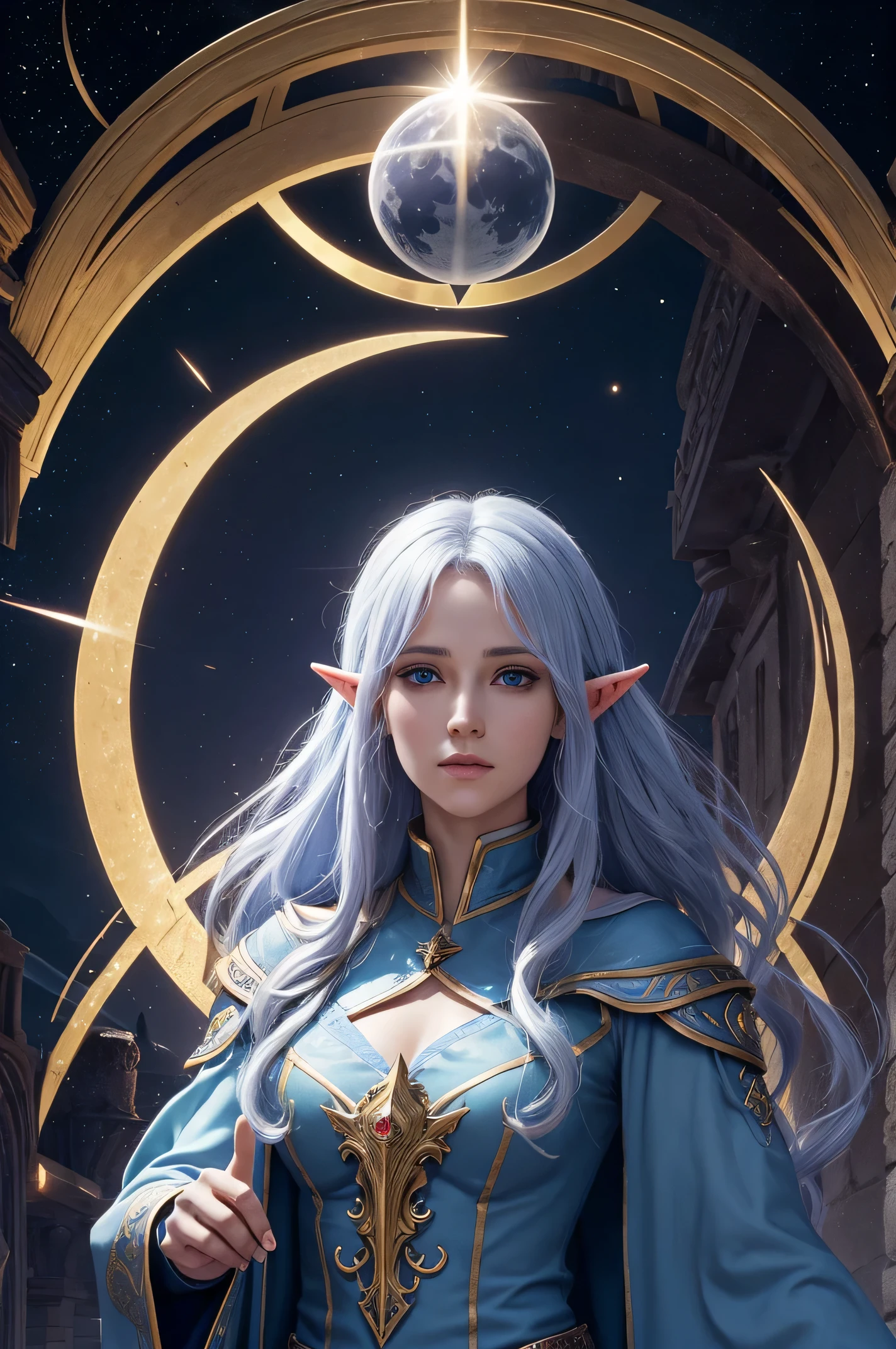 (Ultra-HD), (8k), (personagens perfeitos), (perfect lighting), (cores vivas), (obra prima), A half-elf high cleric of the lunar realm and priestess of the lunar goddess Selune, a deusa celestial da Luz. She was sent on a suicide mission to steal an object with great power...... She questions her own faith and appears to have uncontrolled magic.....